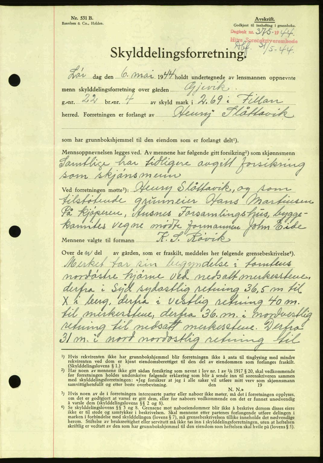 Hitra sorenskriveri, AV/SAT-A-0018/2/2C/2Ca: Mortgage book no. A2, 1943-1945, Diary no: : 375/1944