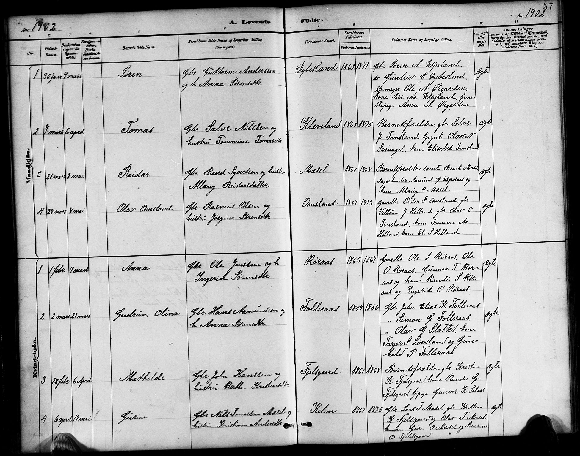 Bjelland sokneprestkontor, AV/SAK-1111-0005/F/Fb/Fbb/L0005: Parish register (copy) no. B 5, 1887-1918, p. 57