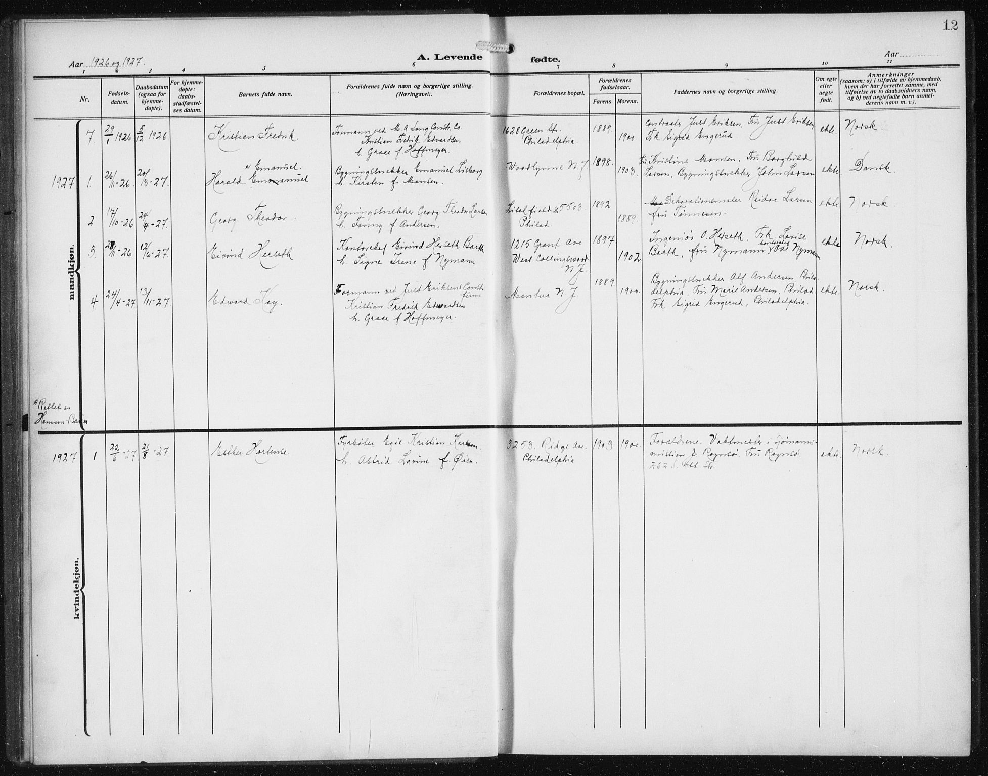 Den norske sjømannsmisjon i utlandet/Philadelphia, SAB/SAB/PA-0113/H/Ha/L0001: Parish register (official) no. A 1, 1912-1931, p. 12