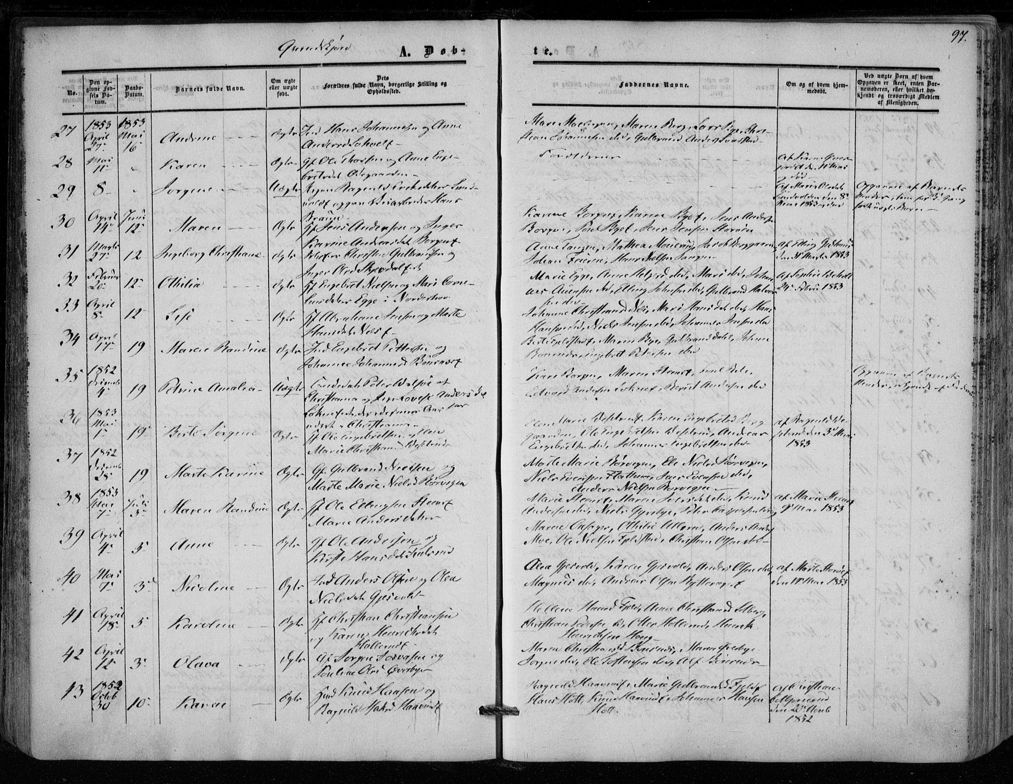 Hole kirkebøker, SAKO/A-228/F/Fa/L0006: Parish register (official) no. I 6, 1852-1872, p. 97