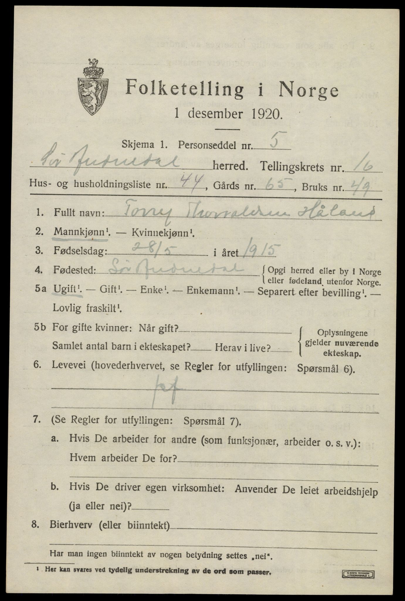 SAK, 1920 census for Sør-Audnedal, 1920, p. 6271