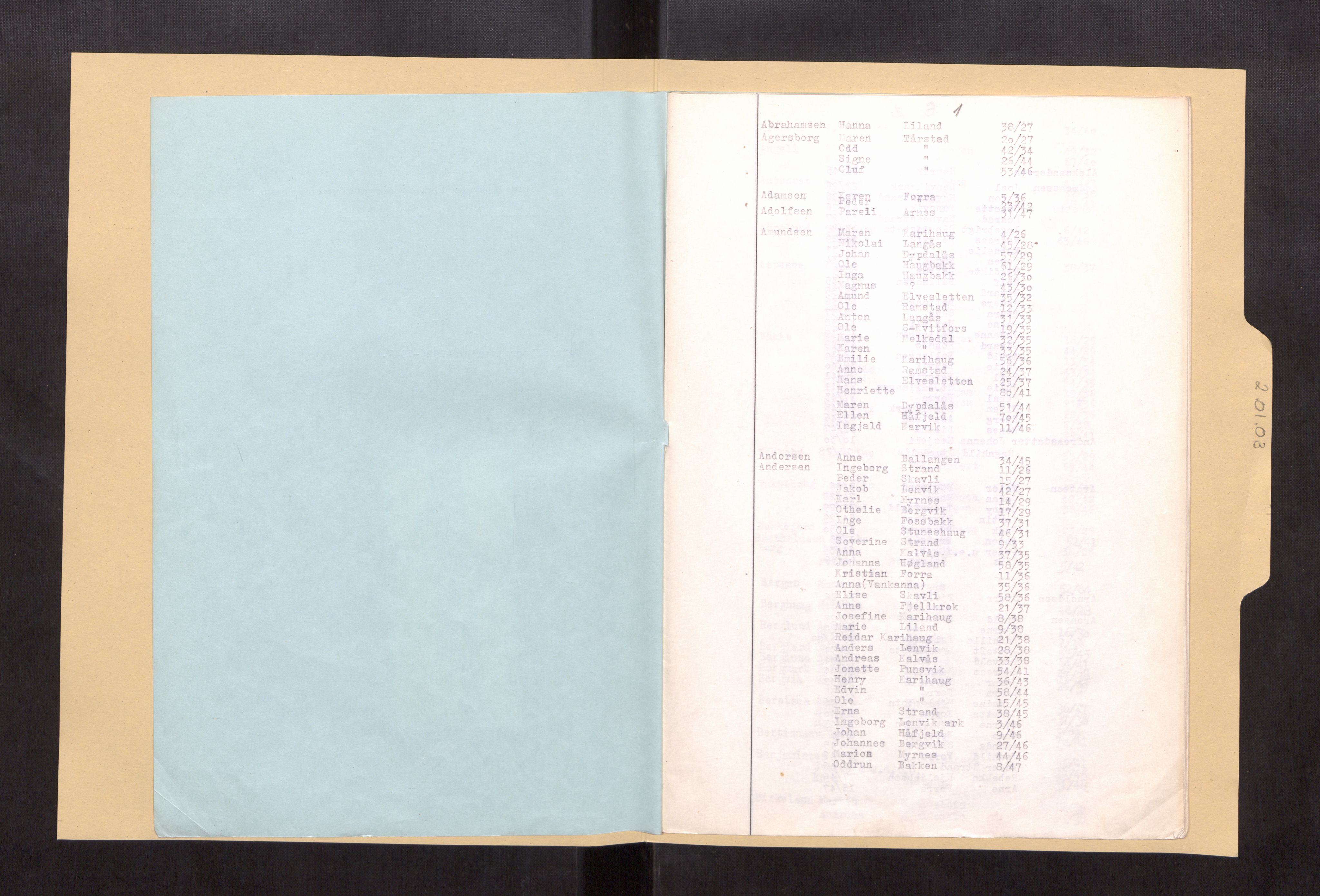 Evenes lensmannskontor, SAT/A-5684/1/02/L0003: 2.01.03 - Register til dødsfallsprotokoll, 1926-1947, p. 1