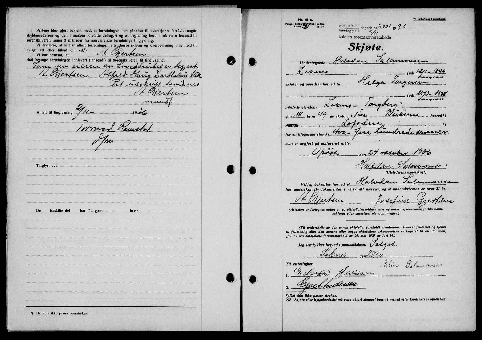 Lofoten sorenskriveri, SAT/A-0017/1/2/2C/L0001a: Mortgage book no. 1a, 1936-1937, Diary no: : 2001/1936