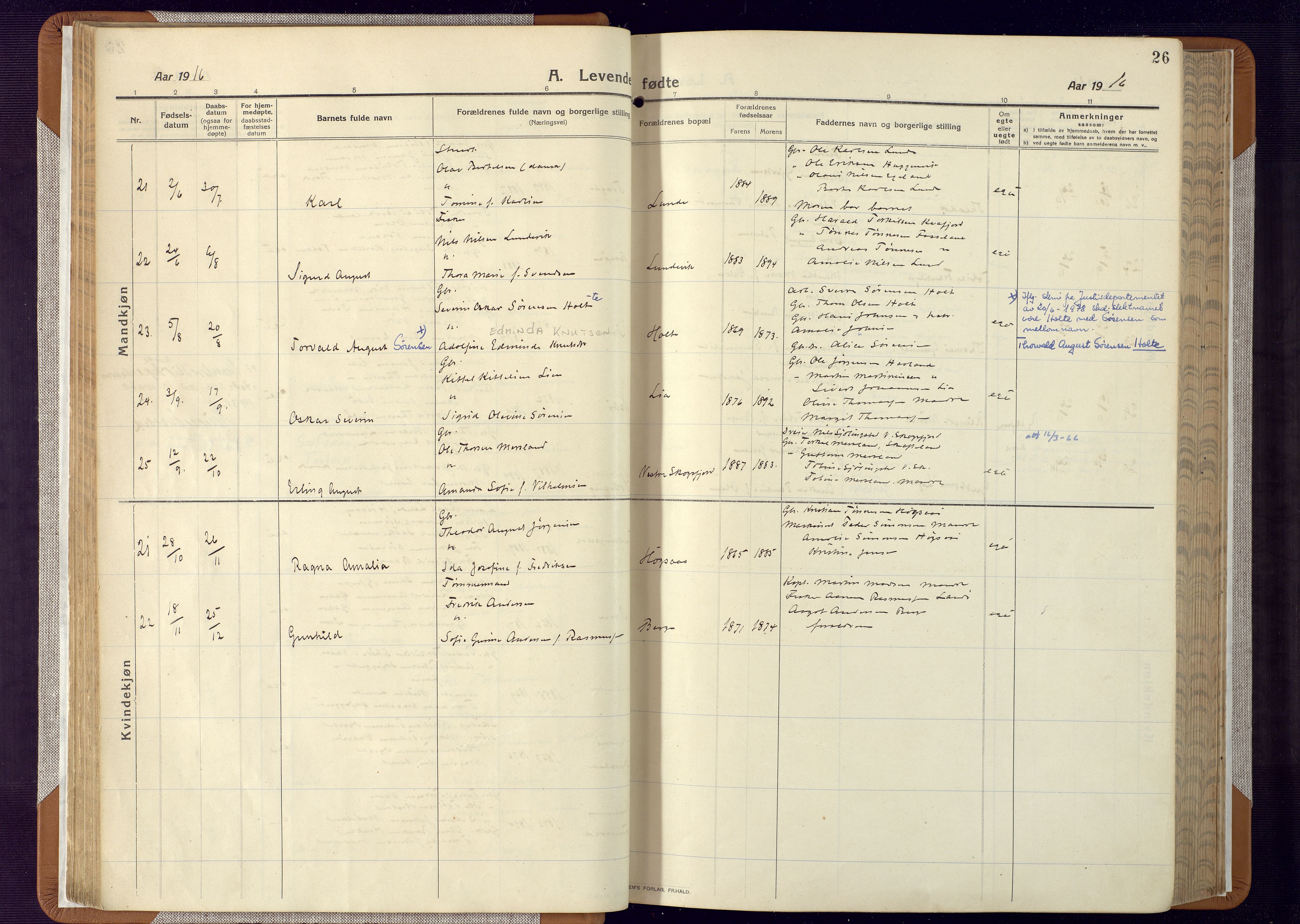 Mandal sokneprestkontor, AV/SAK-1111-0030/F/Fa/Faa/L0022: Parish register (official) no. A 22, 1913-1925, p. 26