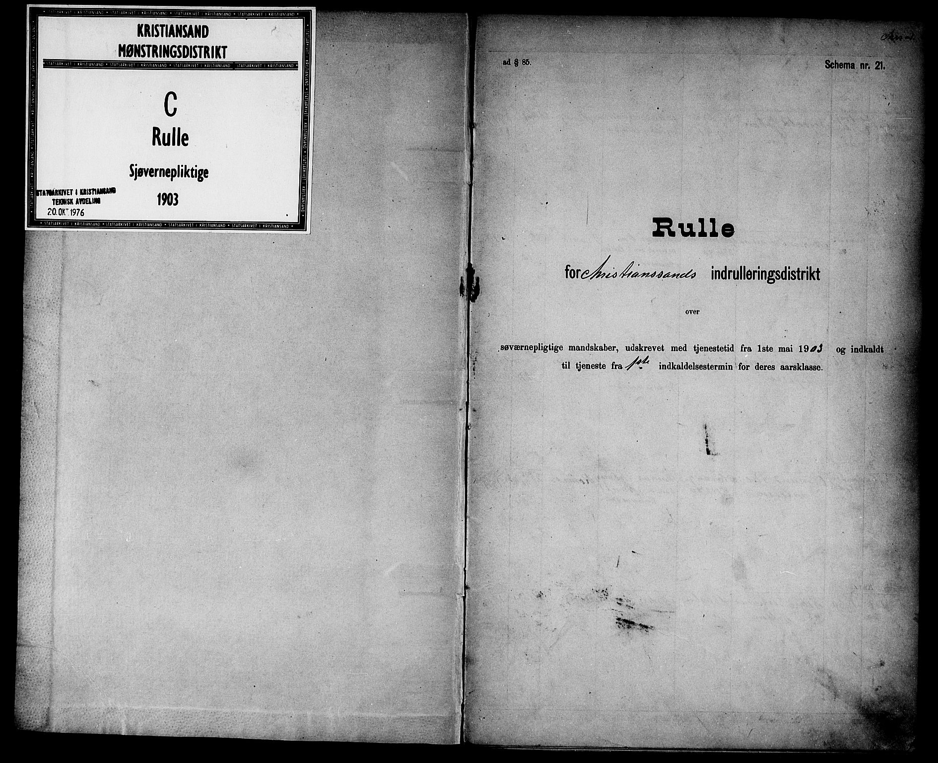 Kristiansand mønstringskrets, SAK/2031-0015/F/Fd/L0005: Rulle sjøvernepliktige, C-5, 1903, p. 1