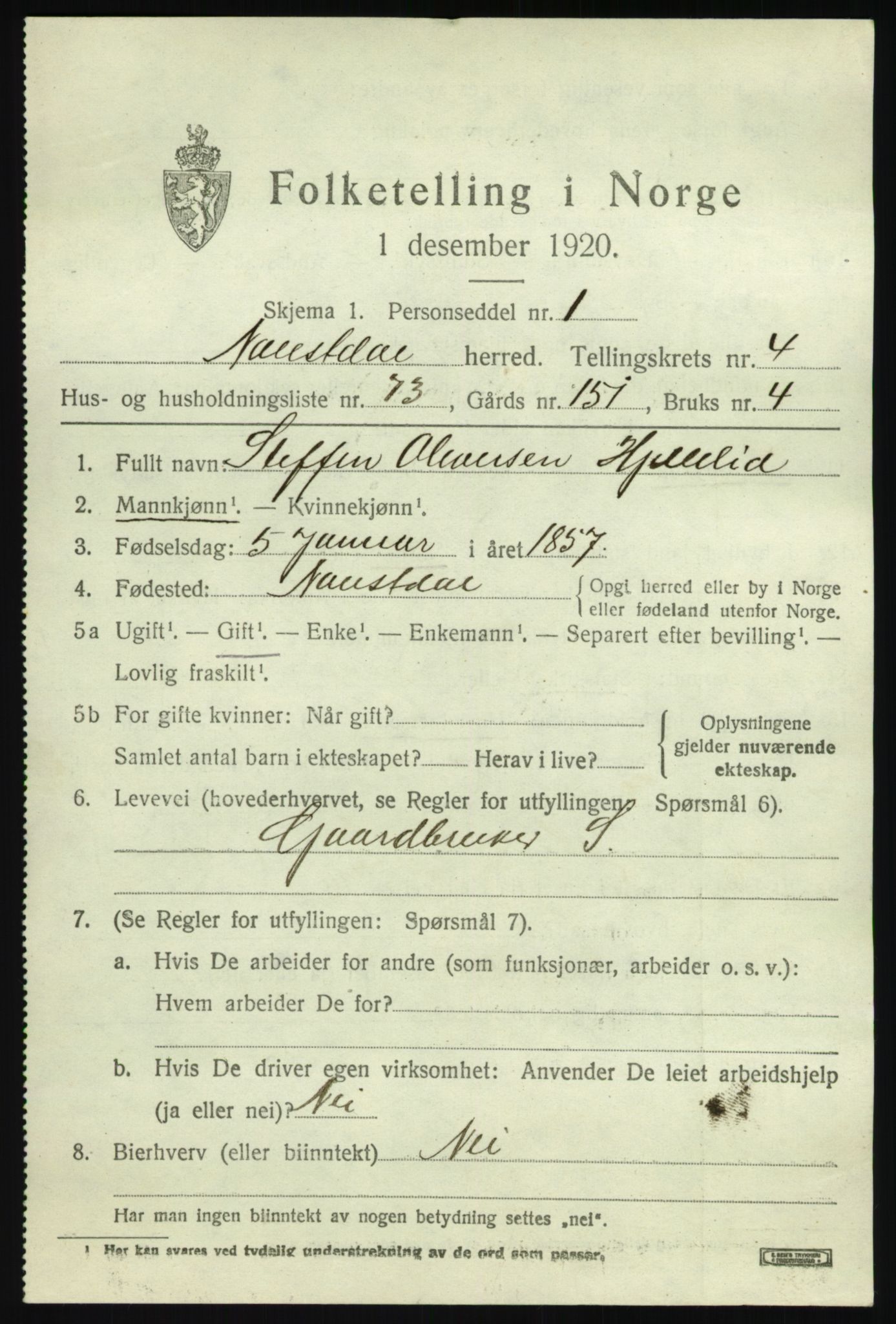 SAB, 1920 census for Naustdal, 1920, p. 3075