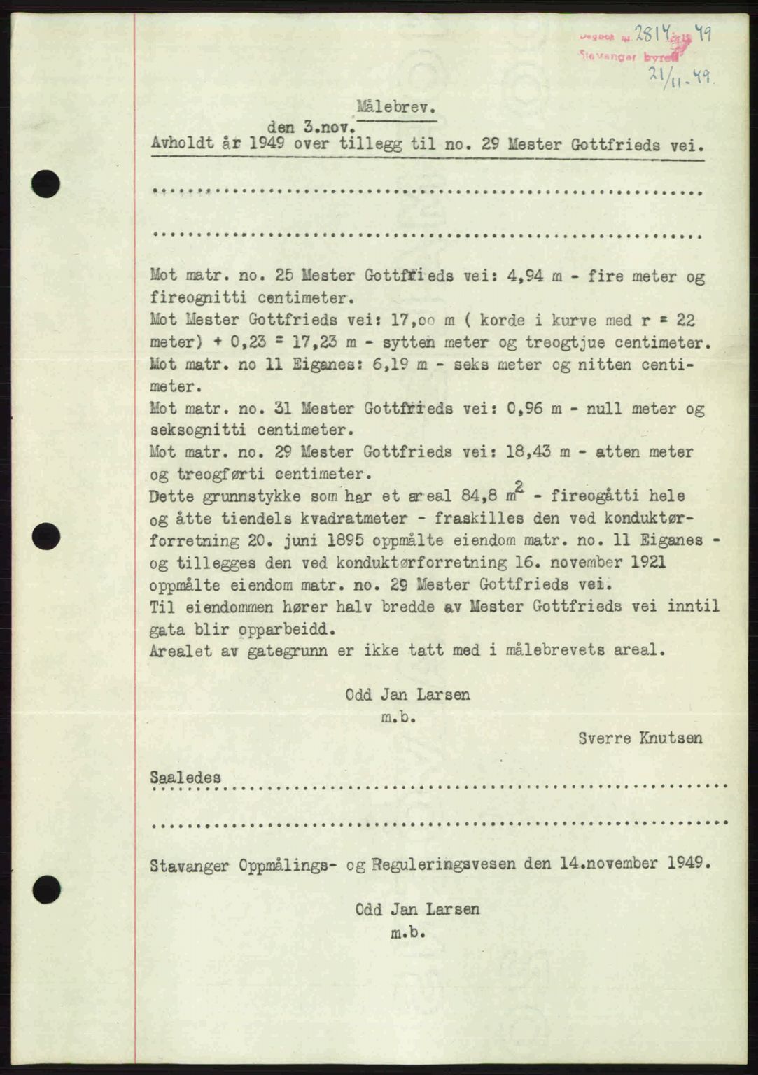 Stavanger byrett, SAST/A-100455/002/G/Gb/L0024: Mortgage book no. A13, 1949-1950, Diary no: : 2814/1949