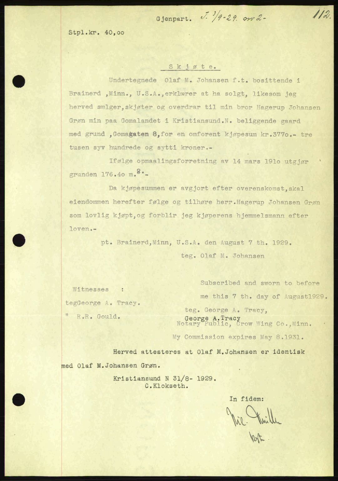 Kristiansund byfogd, AV/SAT-A-4587/A/27: Mortgage book no. 23, 1929-1930, Deed date: 03.09.1929