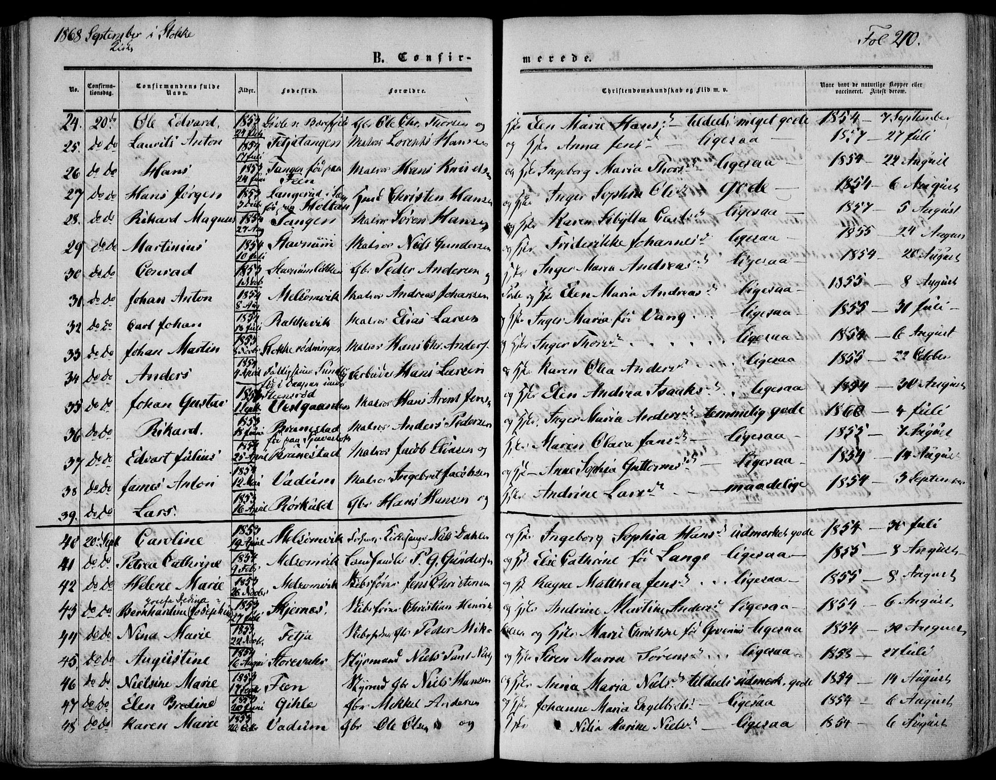 Stokke kirkebøker, SAKO/A-320/F/Fa/L0008: Parish register (official) no. I 8, 1858-1871, p. 210