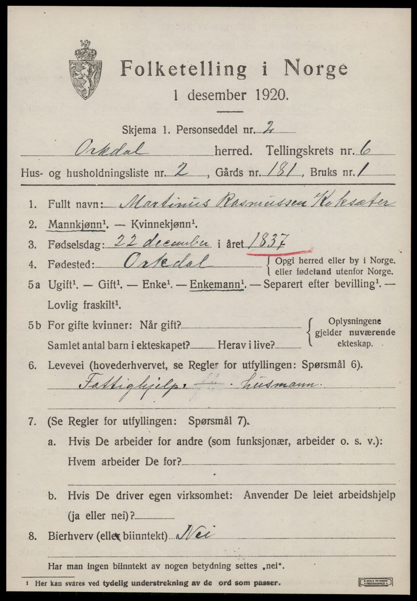 SAT, 1920 census for Orkdal, 1920, p. 5282