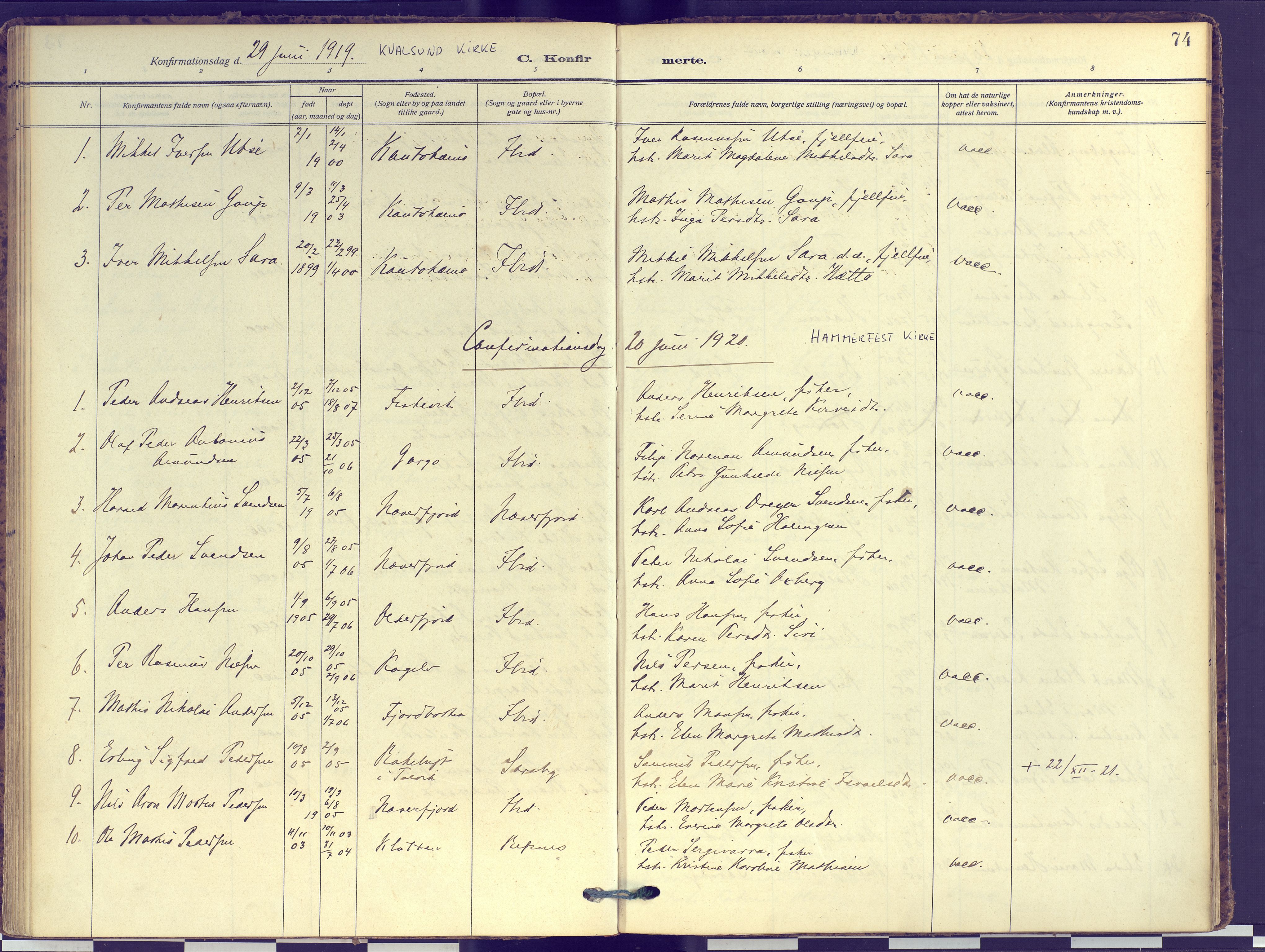 Hammerfest sokneprestkontor, AV/SATØ-S-1347/H/Ha/L0016.kirke: Parish register (official) no. 16, 1908-1923, p. 74