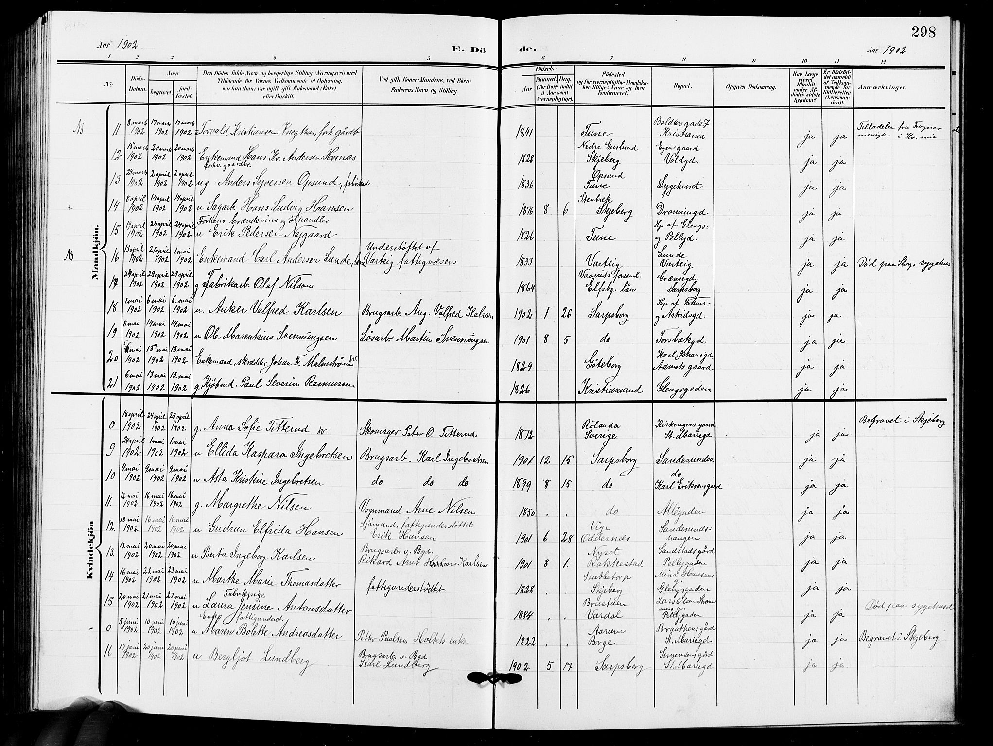 Sarpsborg prestekontor Kirkebøker, AV/SAO-A-2006/G/Ga/L0001: Parish register (copy) no. 1, 1902-1911, p. 298