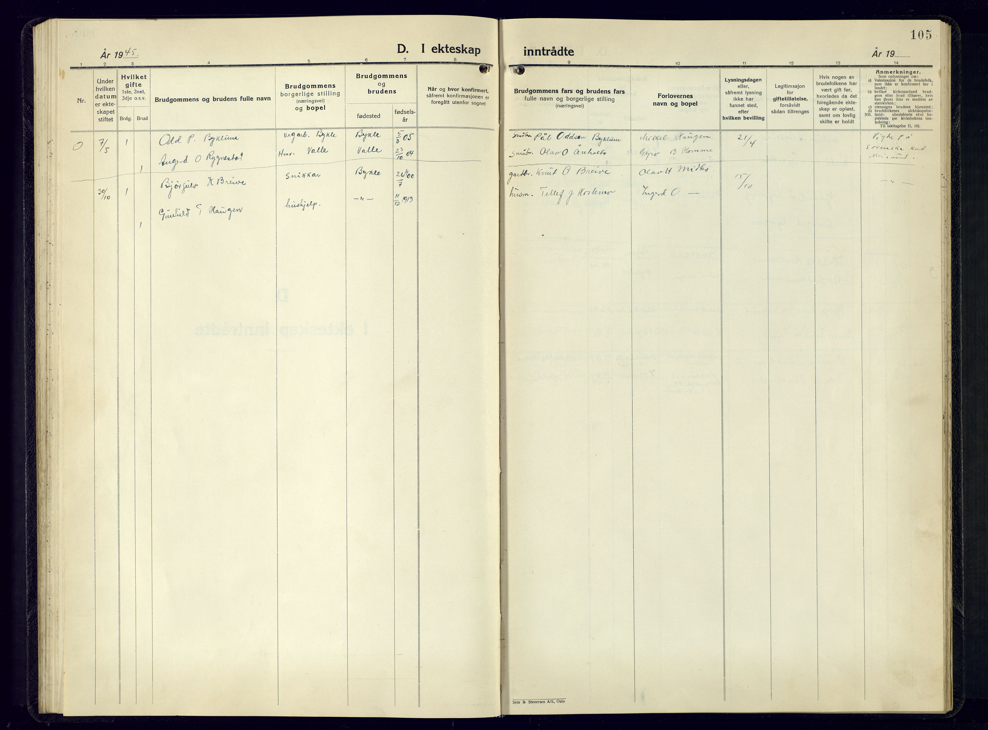 Valle sokneprestkontor, SAK/1111-0044/F/Fb/Fba/L0005: Parish register (copy) no. B-5, 1945-1977, p. 105
