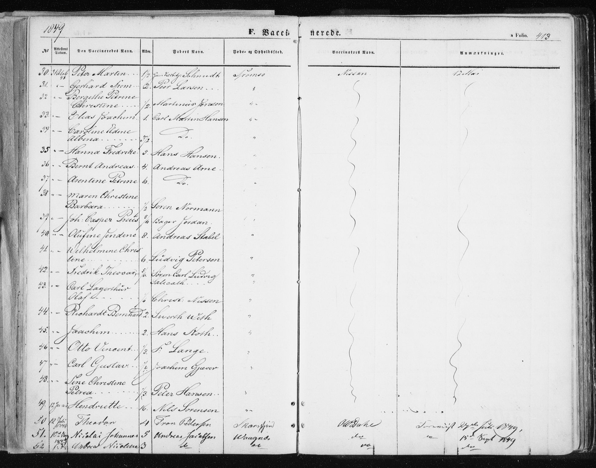 Tromsø sokneprestkontor/stiftsprosti/domprosti, AV/SATØ-S-1343/G/Ga/L0010kirke: Parish register (official) no. 10, 1848-1855, p. 413