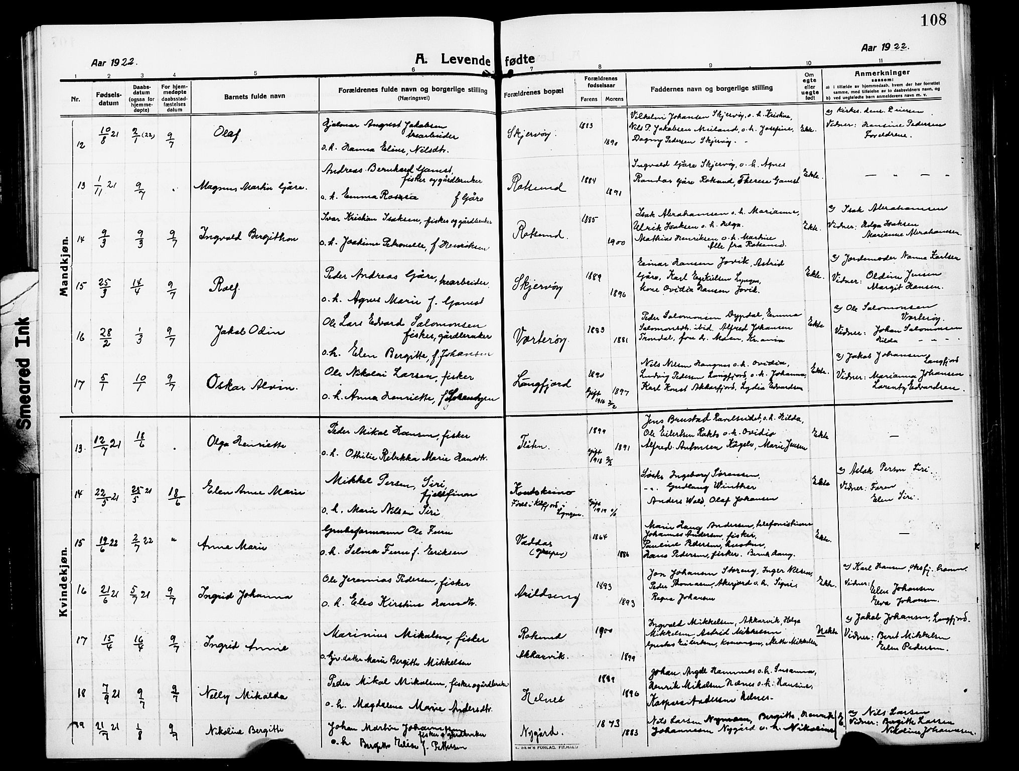 Skjervøy sokneprestkontor, AV/SATØ-S-1300/H/Ha/Hab/L0009klokker: Parish register (copy) no. 9, 1911-1926, p. 108