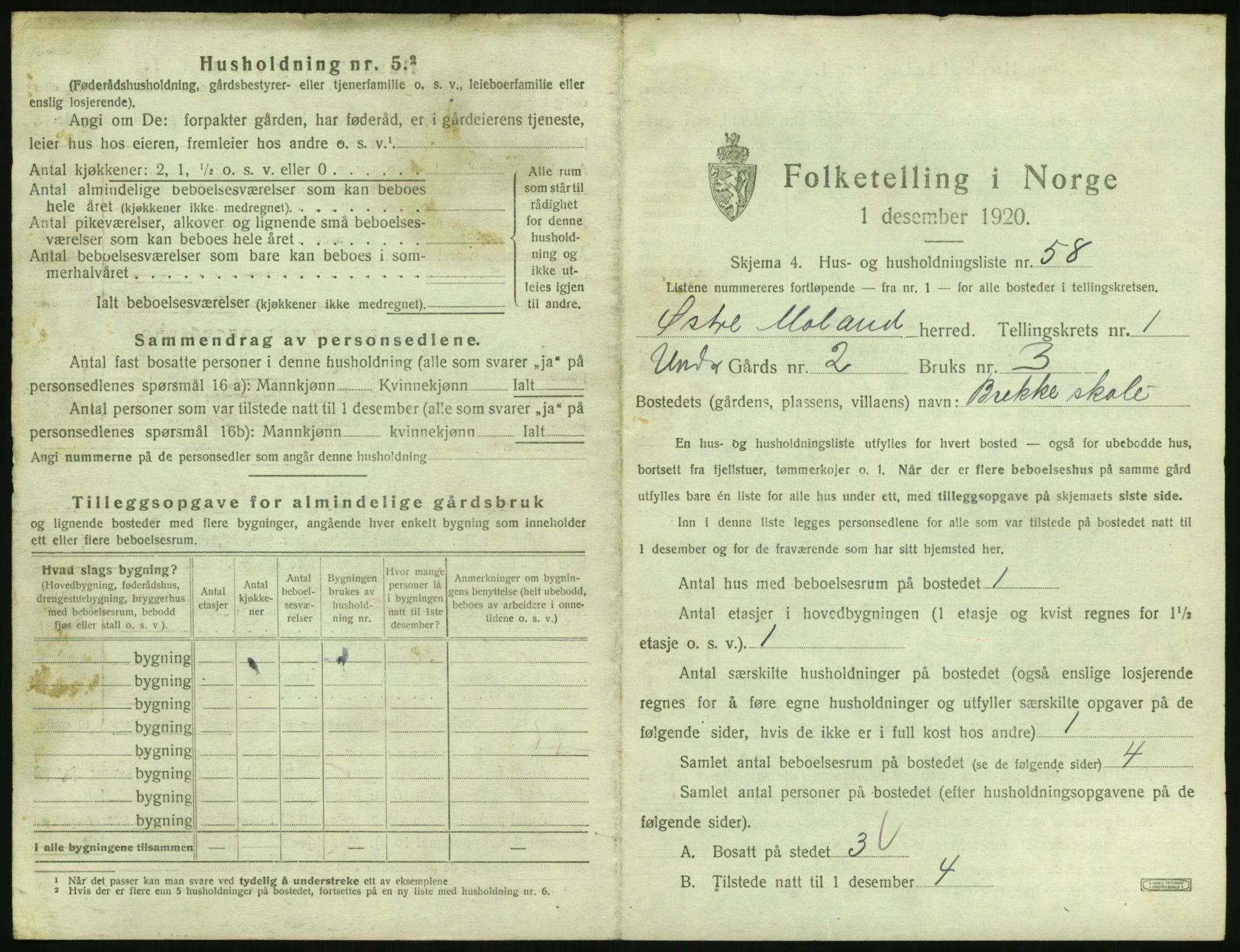 SAK, 1920 census for Austre Moland, 1920, p. 139