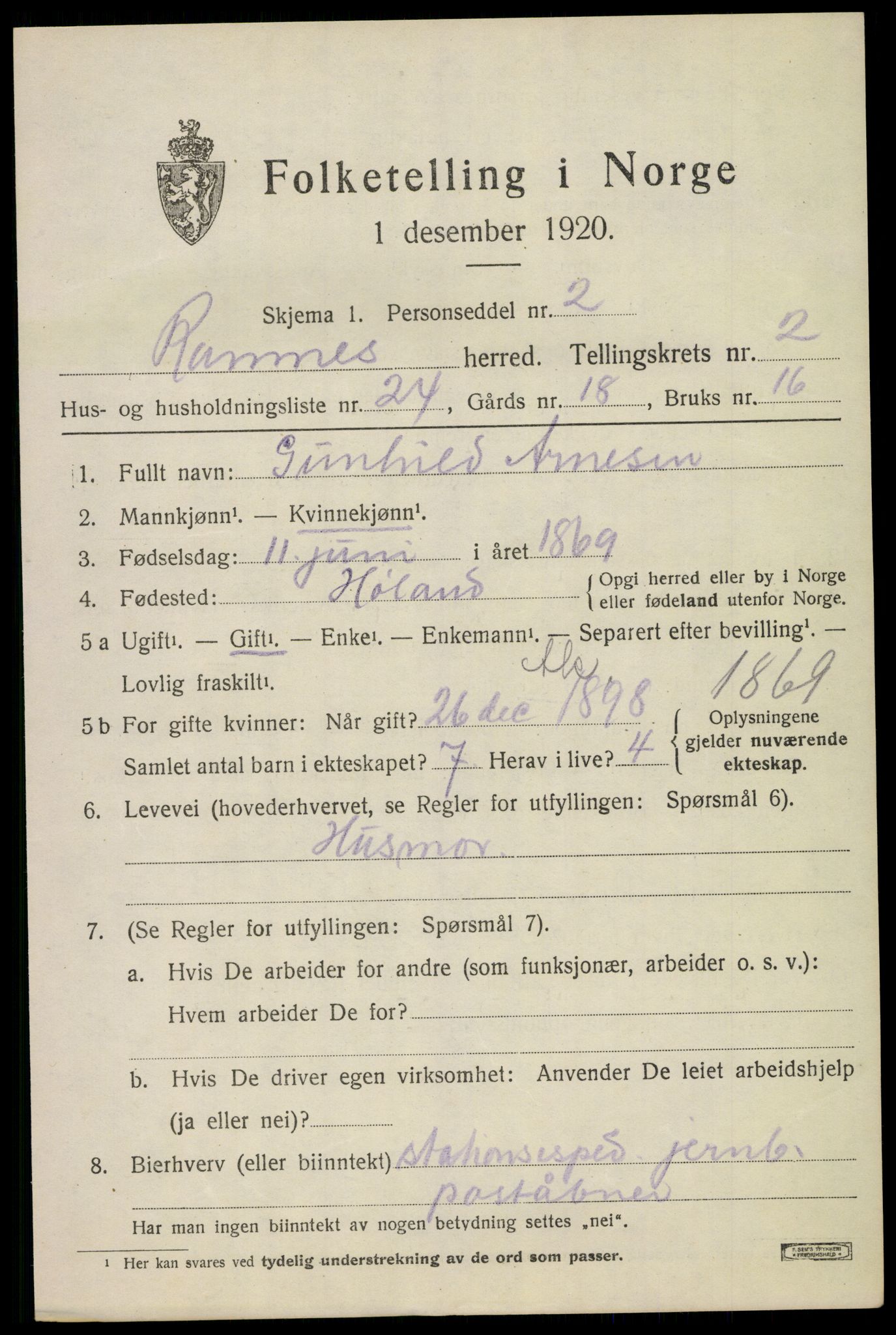 SAKO, 1920 census for Ramnes, 1920, p. 2276