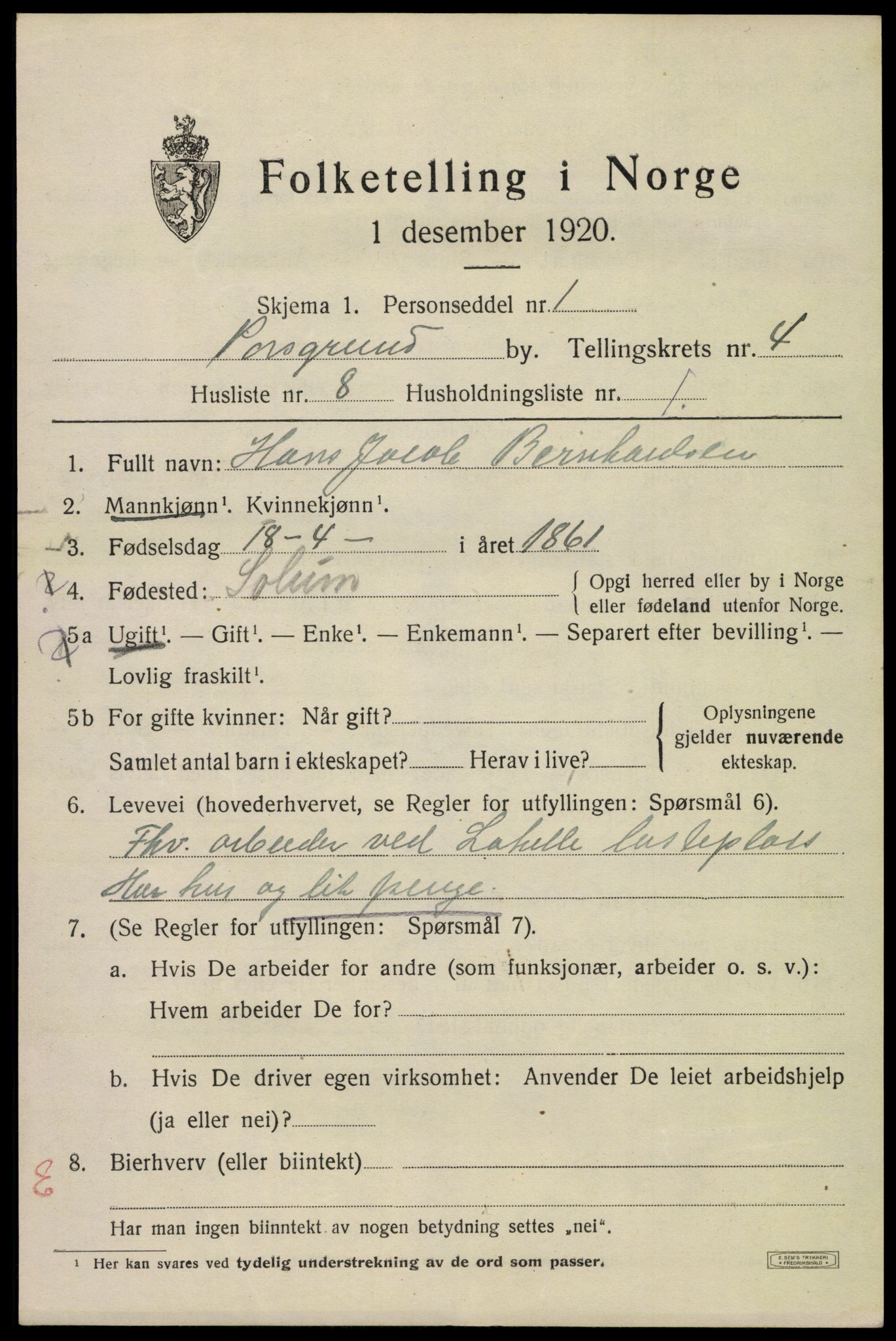 SAKO, 1920 census for Porsgrunn, 1920, p. 18931