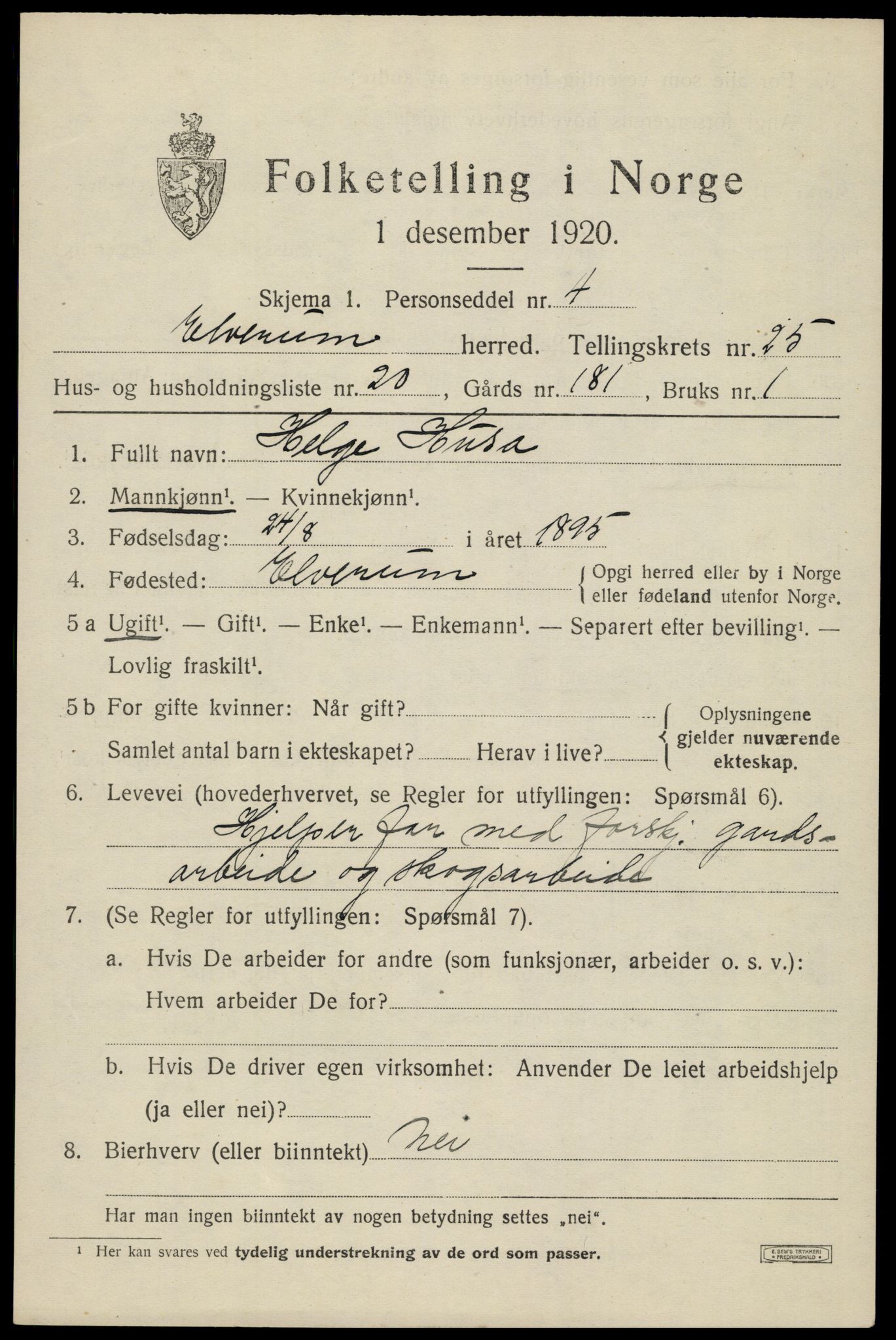 SAH, 1920 census for Elverum, 1920, p. 26444