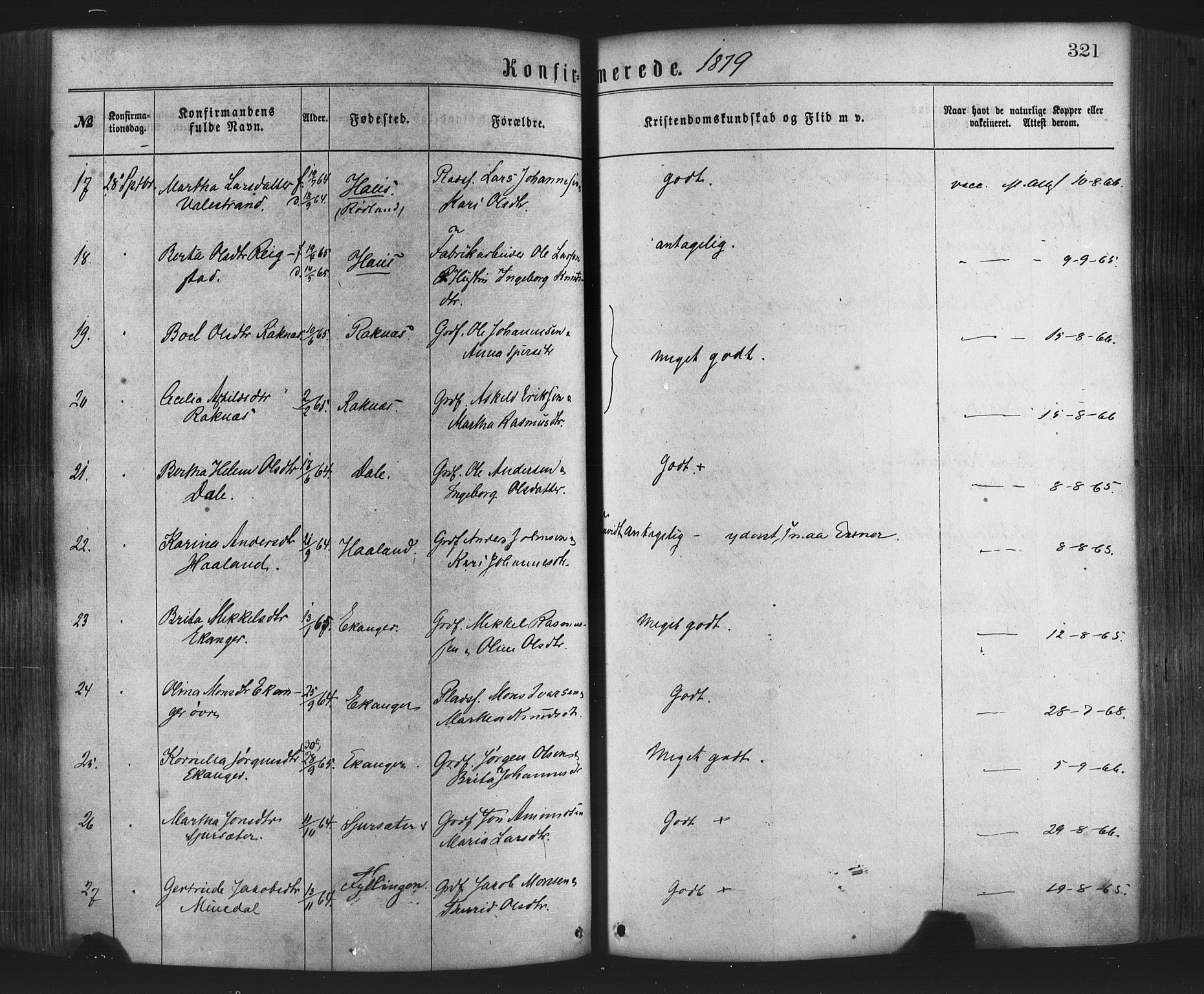 Hamre sokneprestembete, AV/SAB-A-75501/H/Ha/Haa/Haaa/L0015: Parish register (official) no. A 15, 1870-1881, p. 321