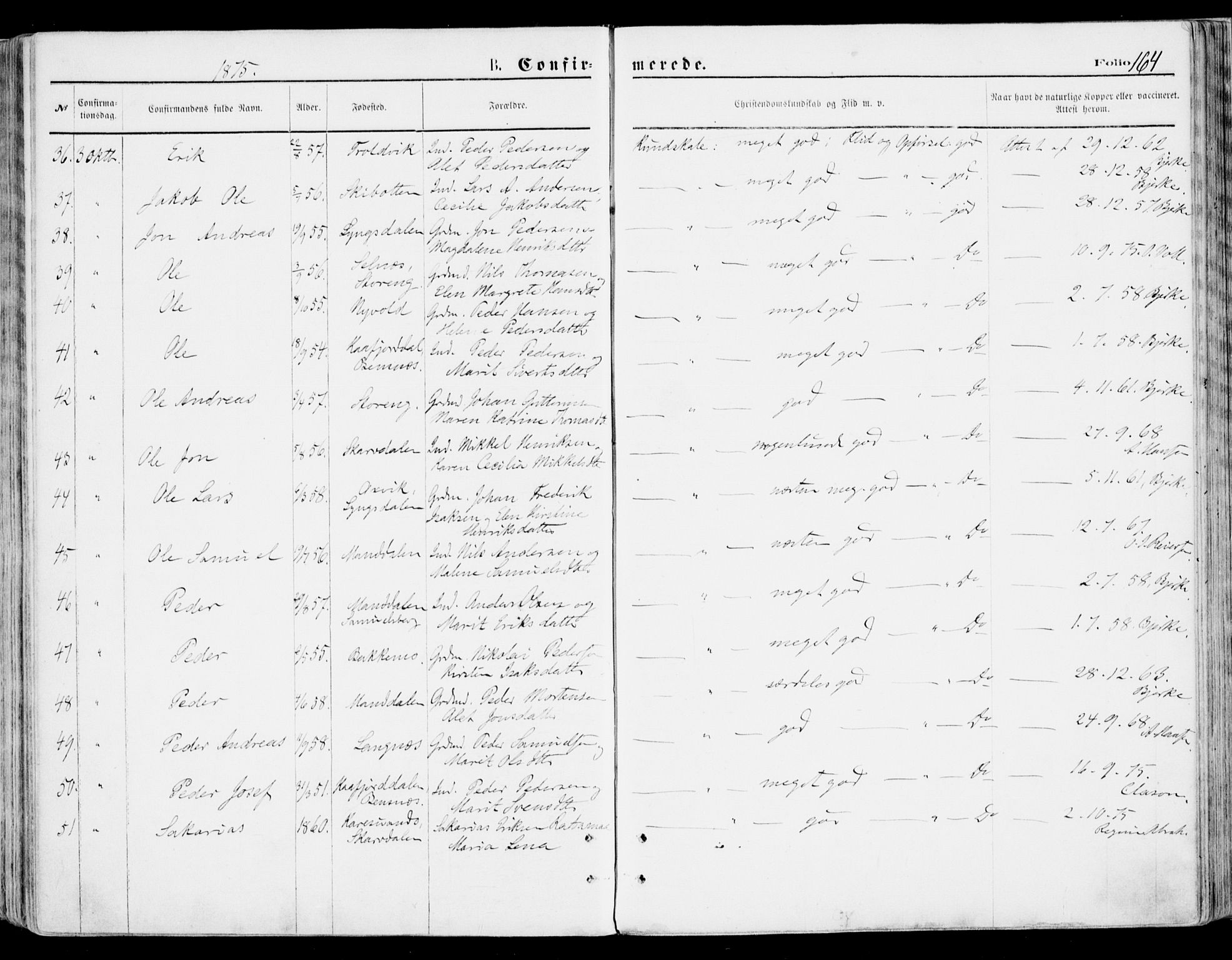 Lyngen sokneprestembete, SATØ/S-1289/H/He/Hea/L0006kirke: Parish register (official) no. 6, 1870-1878, p. 164
