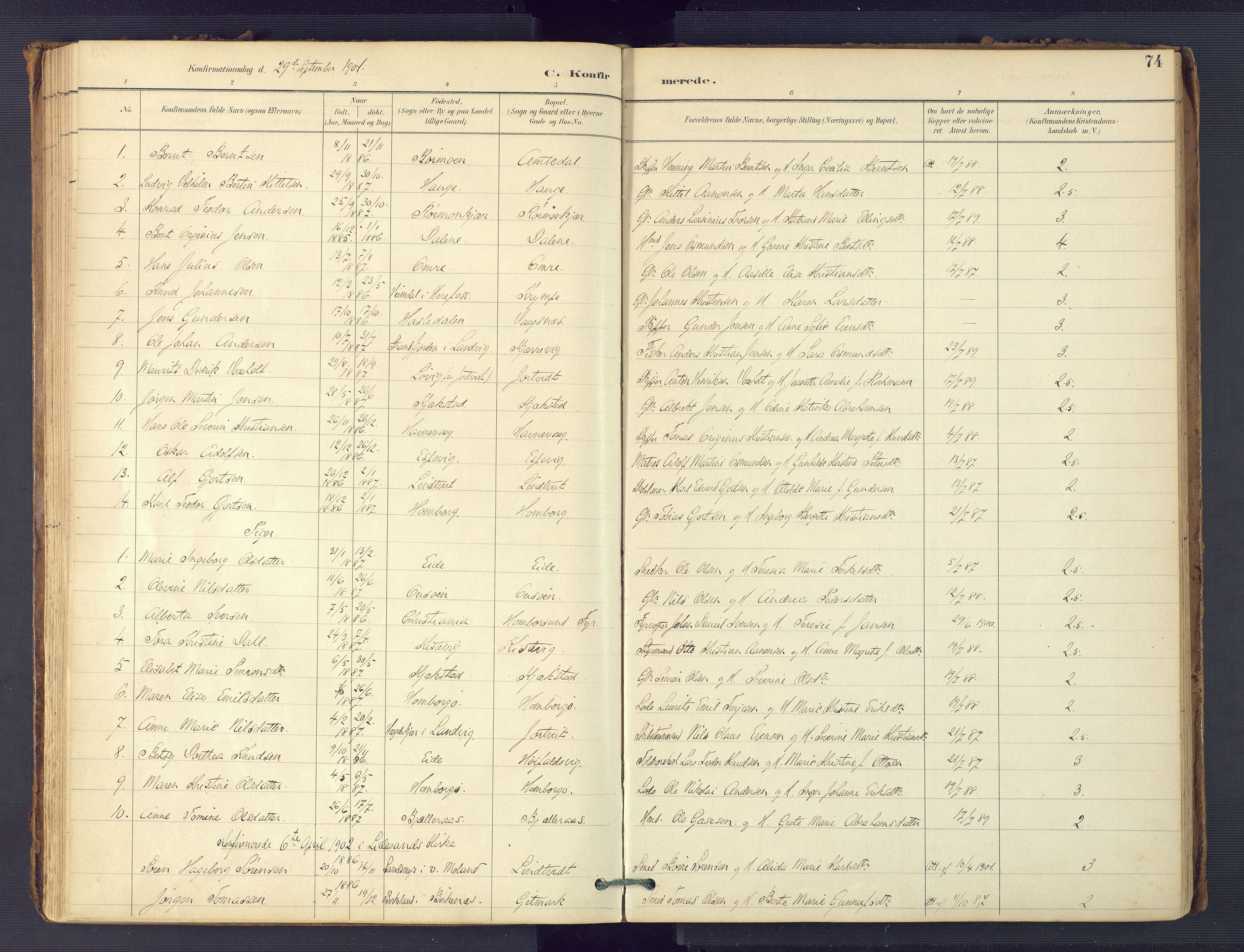 Hommedal sokneprestkontor, AV/SAK-1111-0023/F/Fa/Faa/L0003: Parish register (official) no. A 3, 1885-1916, p. 74