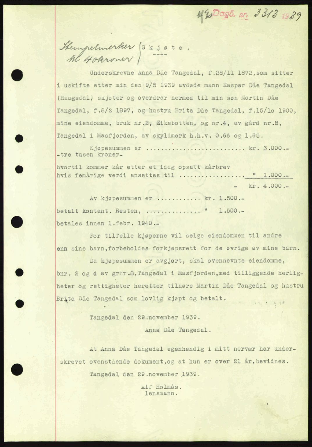 Nordhordland sorenskrivar, SAB/A-2901/1/G/Gb/Gbf/L0010: Mortgage book no. A10, 1939-1940, Diary no: : 3313/1939