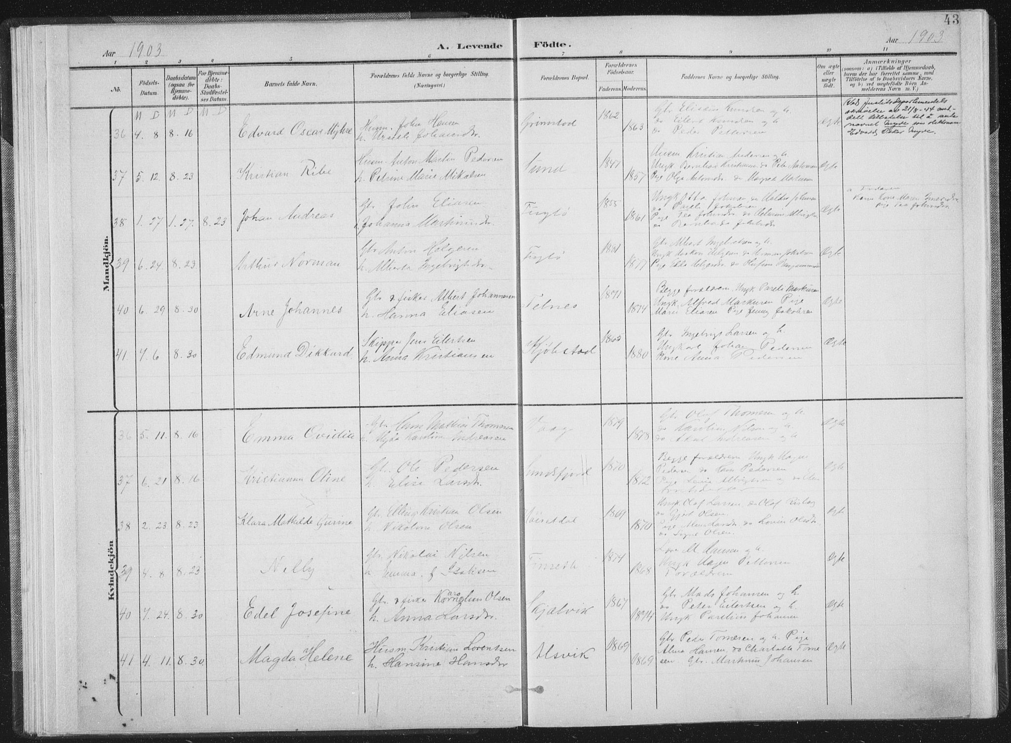 Ministerialprotokoller, klokkerbøker og fødselsregistre - Nordland, SAT/A-1459/805/L0102: Parish register (official) no. 805A08I, 1900-1909, p. 43