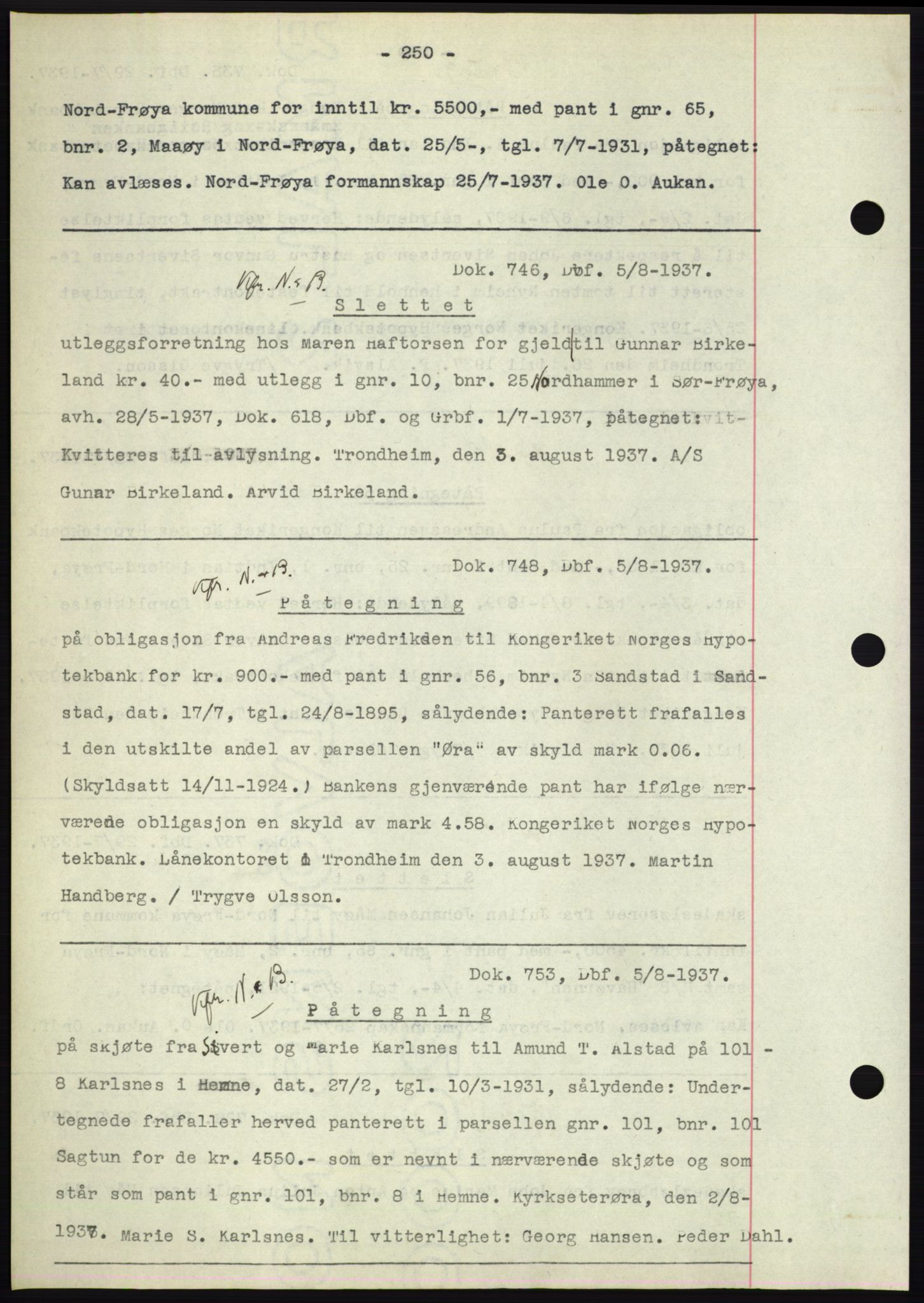 Hitra sorenskriveri, AV/SAT-A-0018/2/2C/2Ca: Mortgage book no. C1, 1936-1945, Diary no: : 746/1937