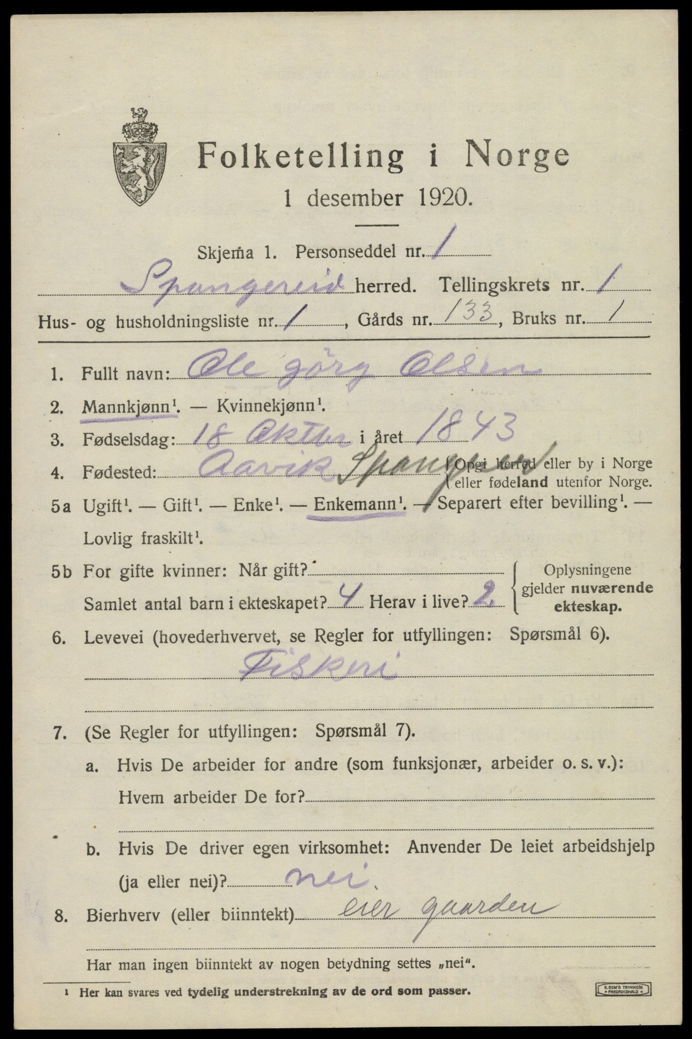 SAK, 1920 census for Spangereid, 1920, p. 833