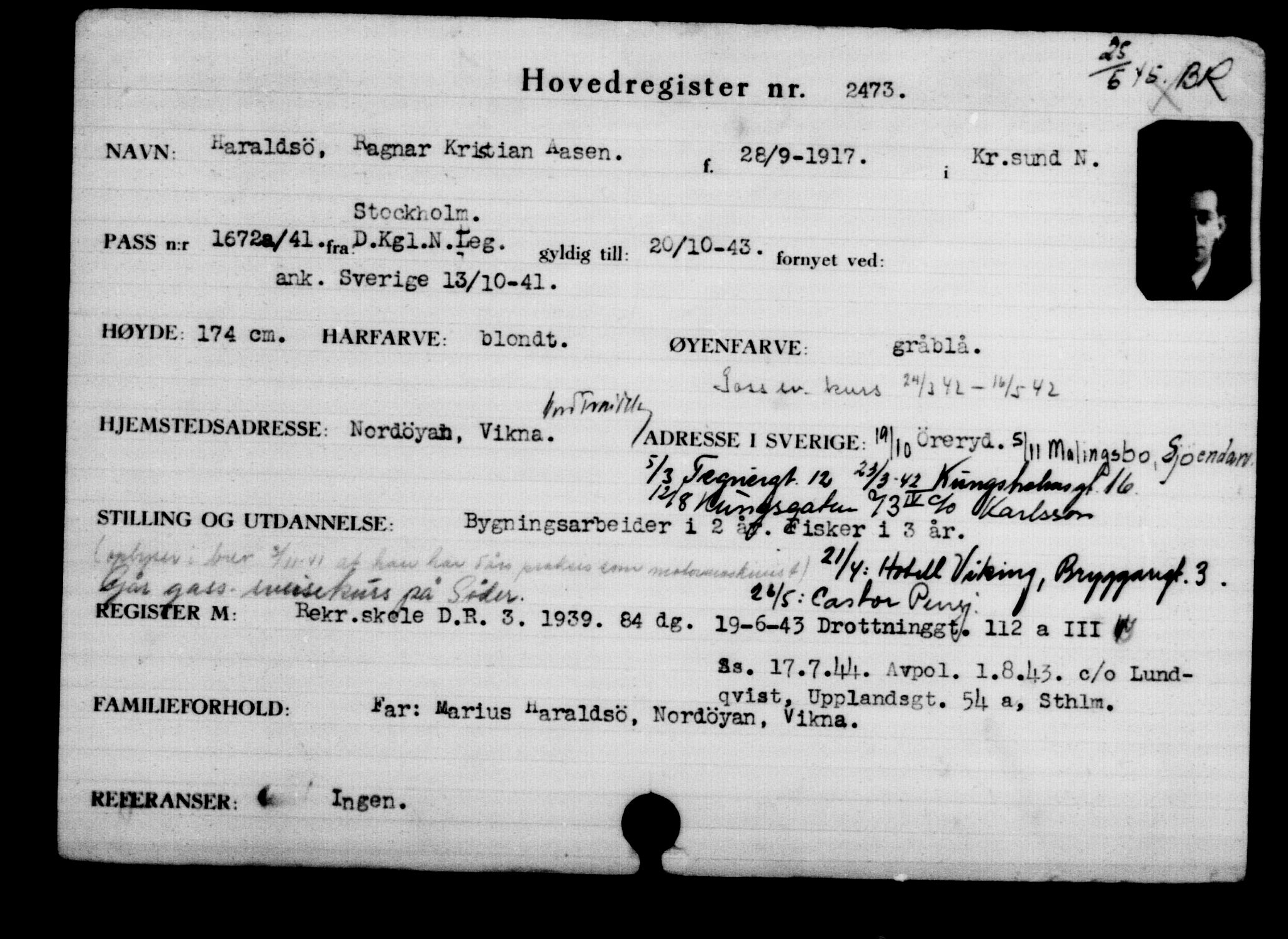 Utenriksstasjonene, Legasjonen i Stockholm, Flyktningkontoret, AV/RA-S-6753/V/Va/L0003: Kjesäterkartoteket, flyktninger med registreringsnr. 2001-3495, 1940-1945, p. 804