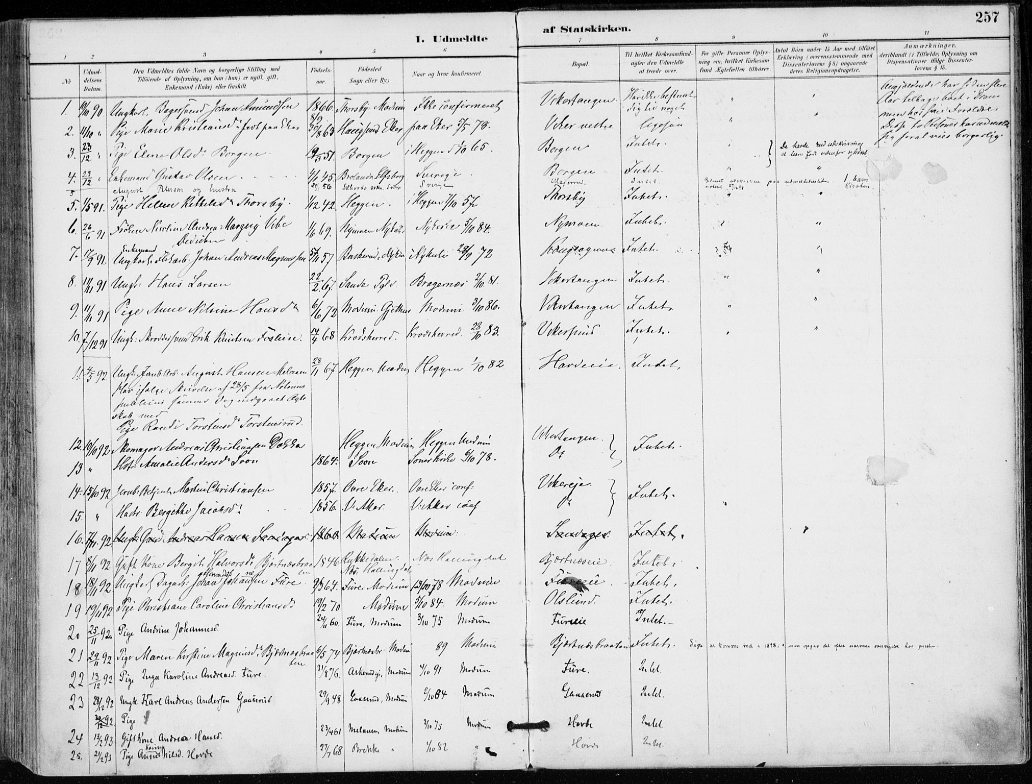 Modum kirkebøker, AV/SAKO-A-234/F/Fa/L0012: Parish register (official) no. 12, 1890-1898, p. 257