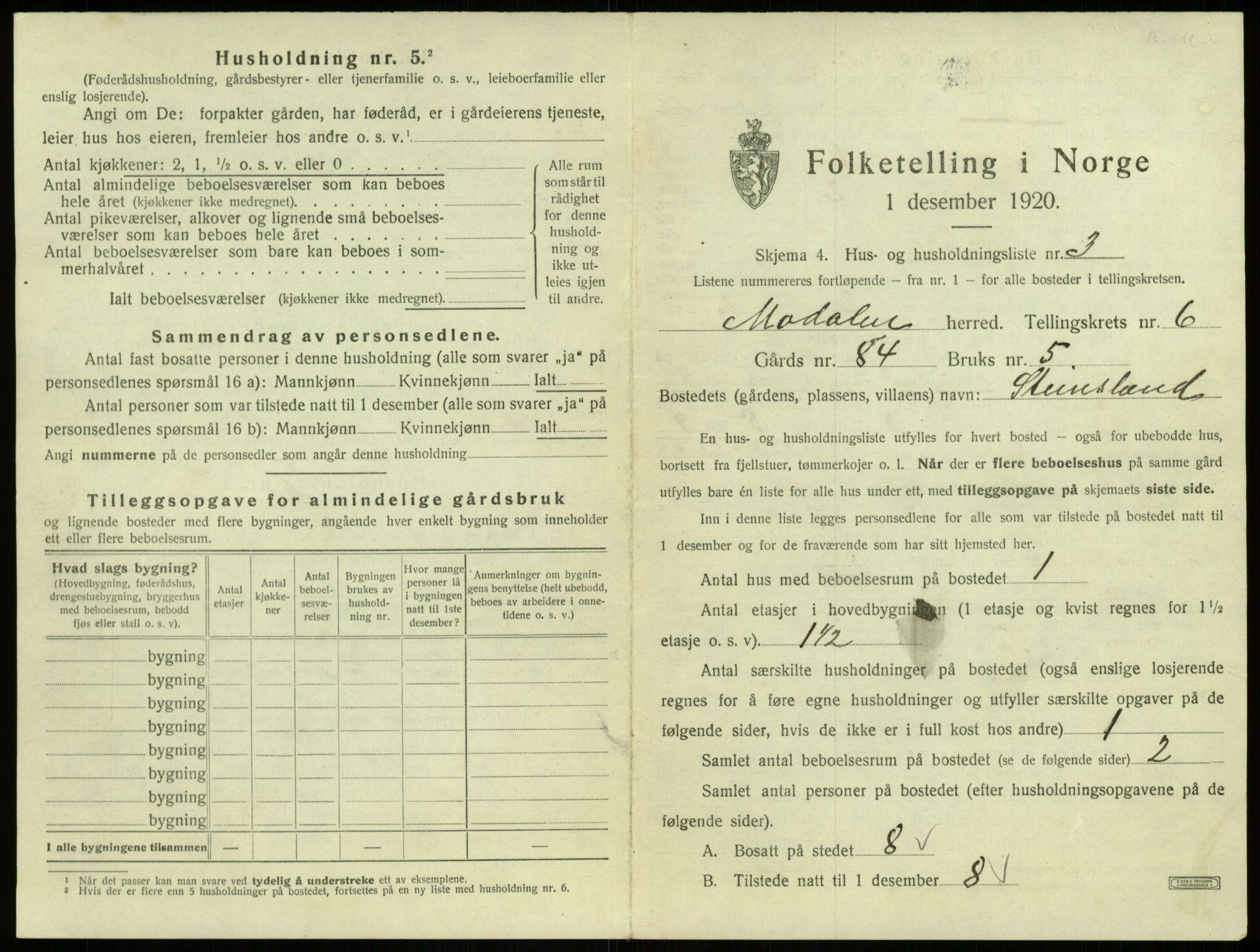 SAB, 1920 census for Modalen, 1920, p. 172