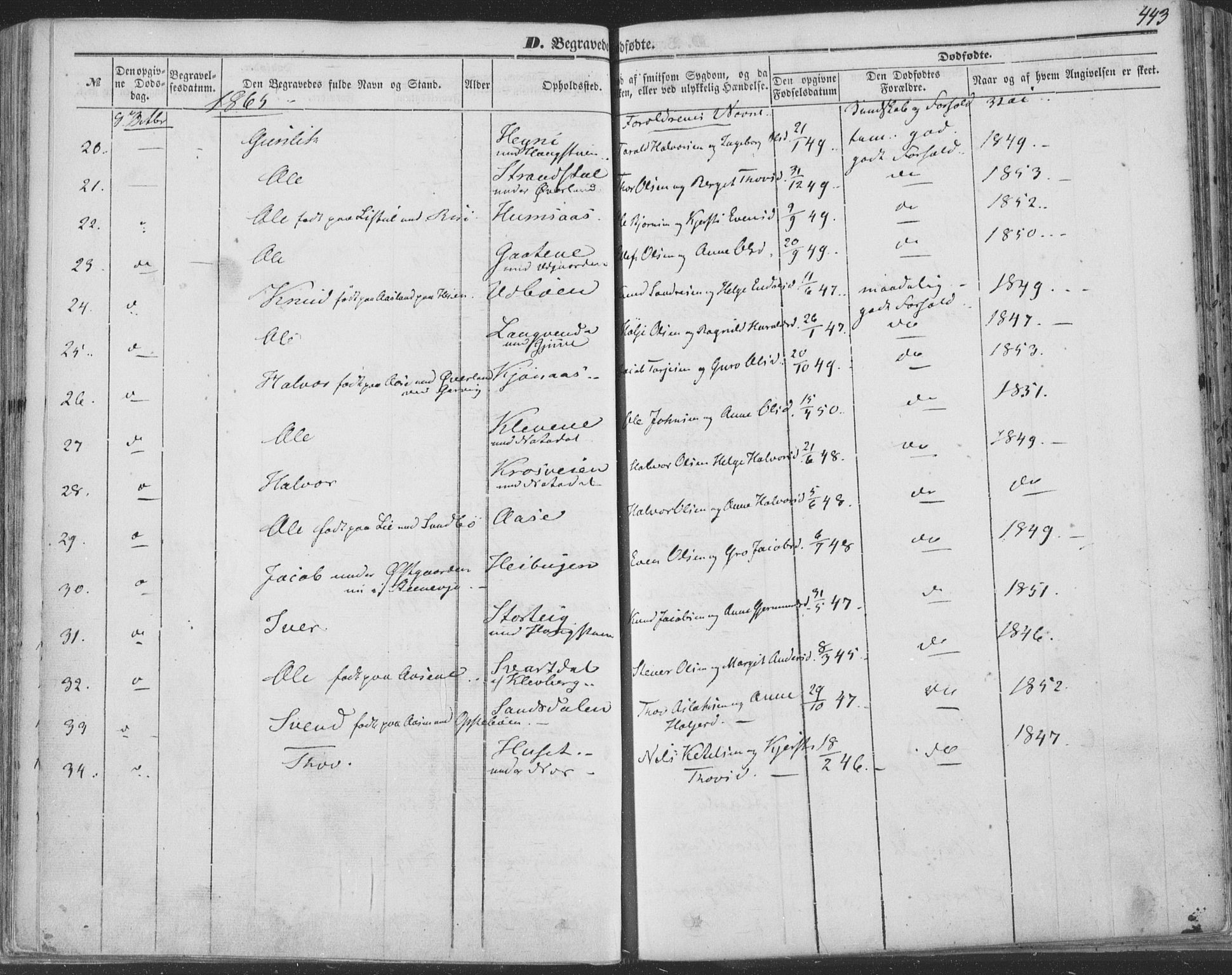 Seljord kirkebøker, AV/SAKO-A-20/F/Fa/L012b: Parish register (official) no. I 12B, 1850-1865, p. 443