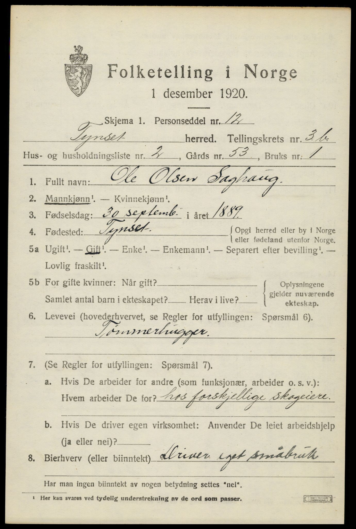 SAH, 1920 census for Tynset, 1920, p. 3170