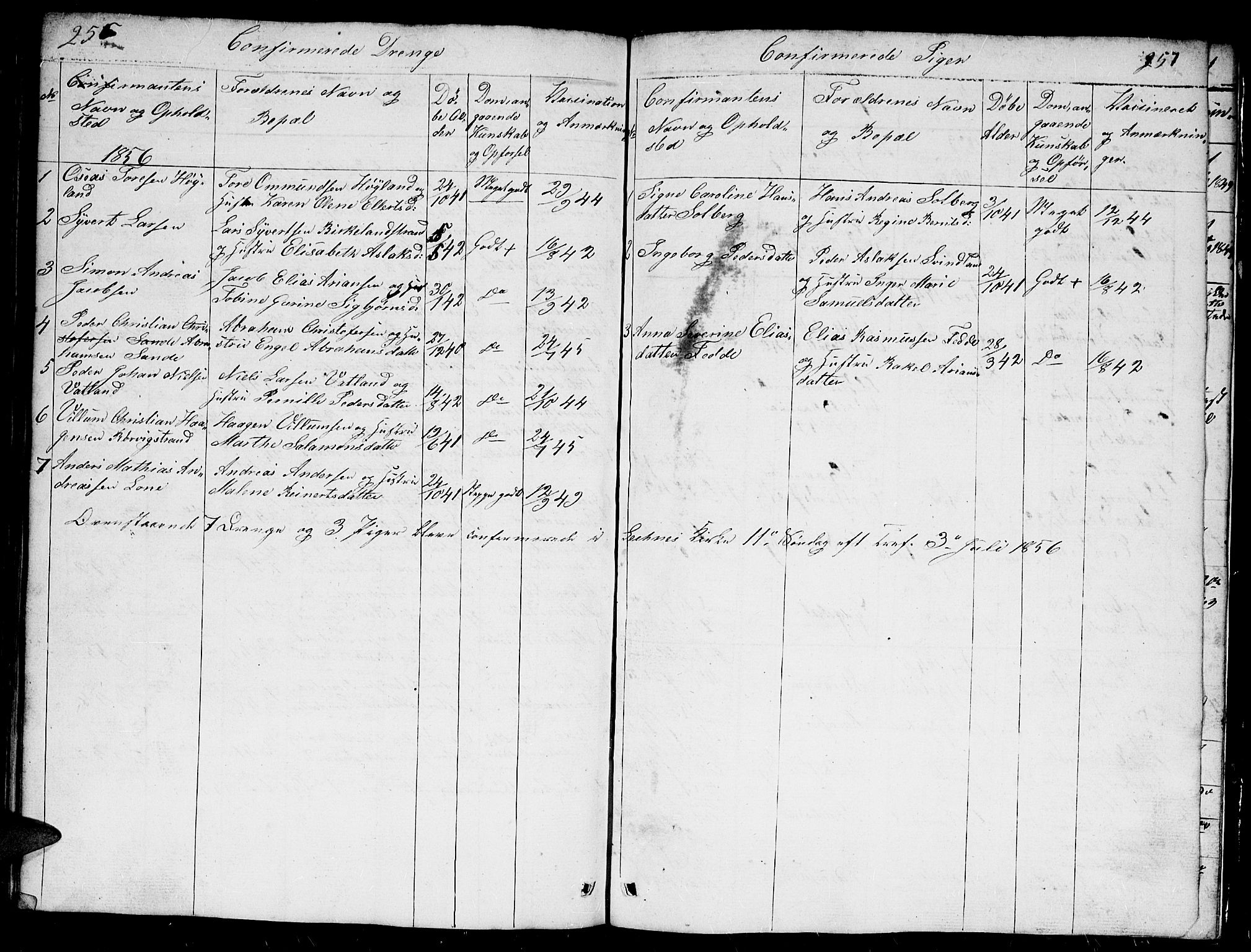 Kvinesdal sokneprestkontor, SAK/1111-0026/F/Fb/Fba/L0002: Parish register (copy) no. B 2, 1838-1858, p. 256-257