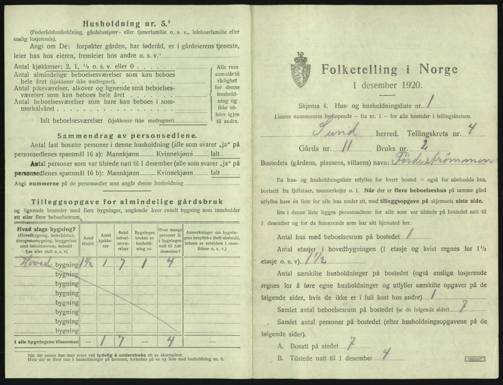 SAB, 1920 census for Sund, 1920, p. 283