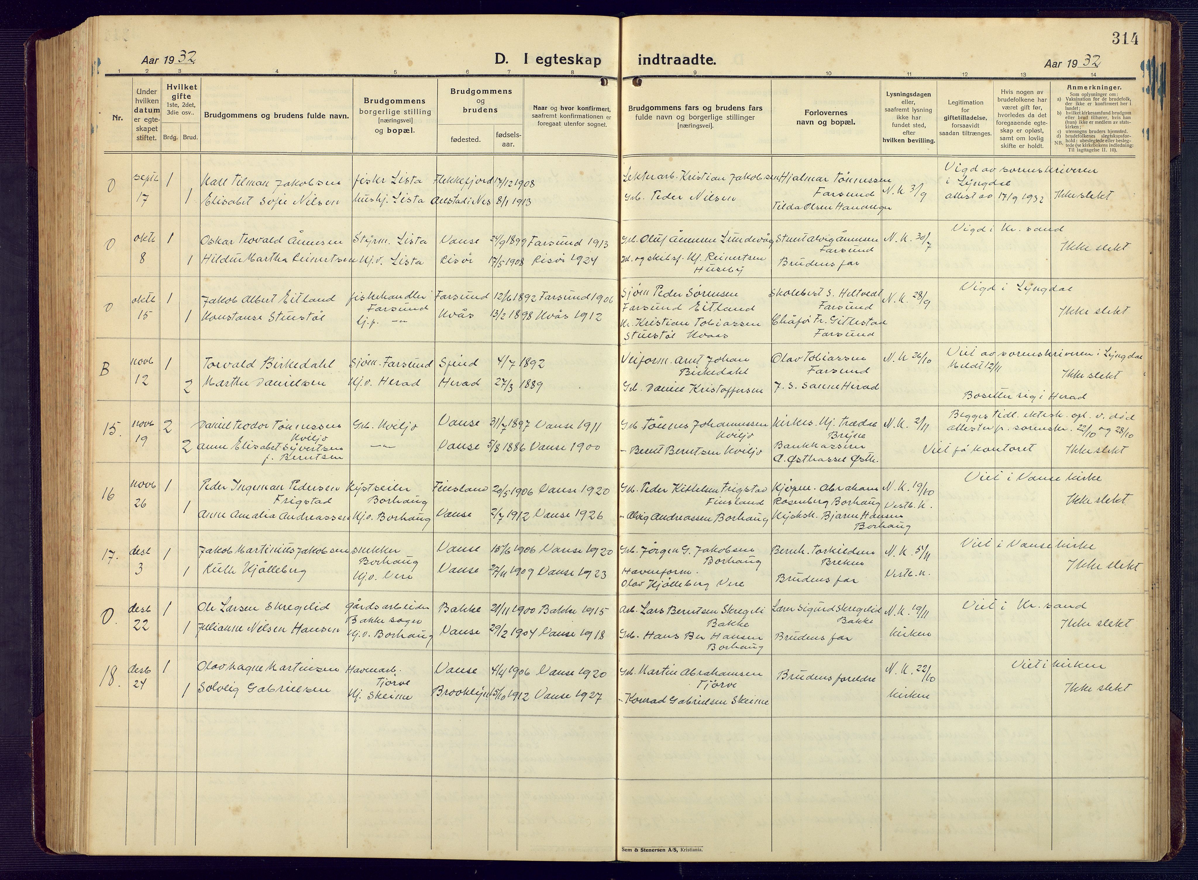 Lista sokneprestkontor, SAK/1111-0027/F/Fb/L0006: Parish register (copy) no. B 6, 1924-1947, p. 314