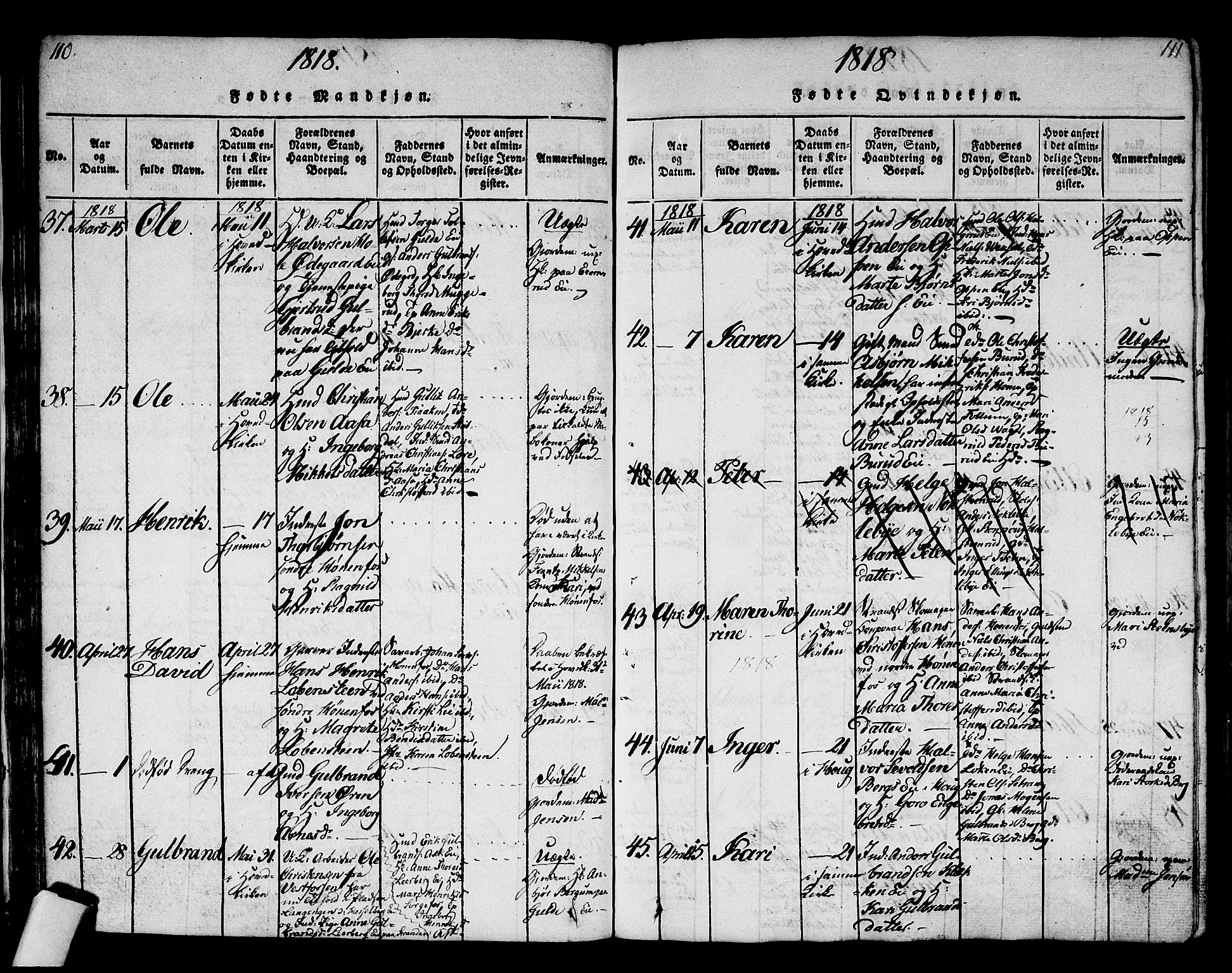 Norderhov kirkebøker, AV/SAKO-A-237/G/Ga/L0002: Parish register (copy) no. I 2, 1814-1867, p. 110-111