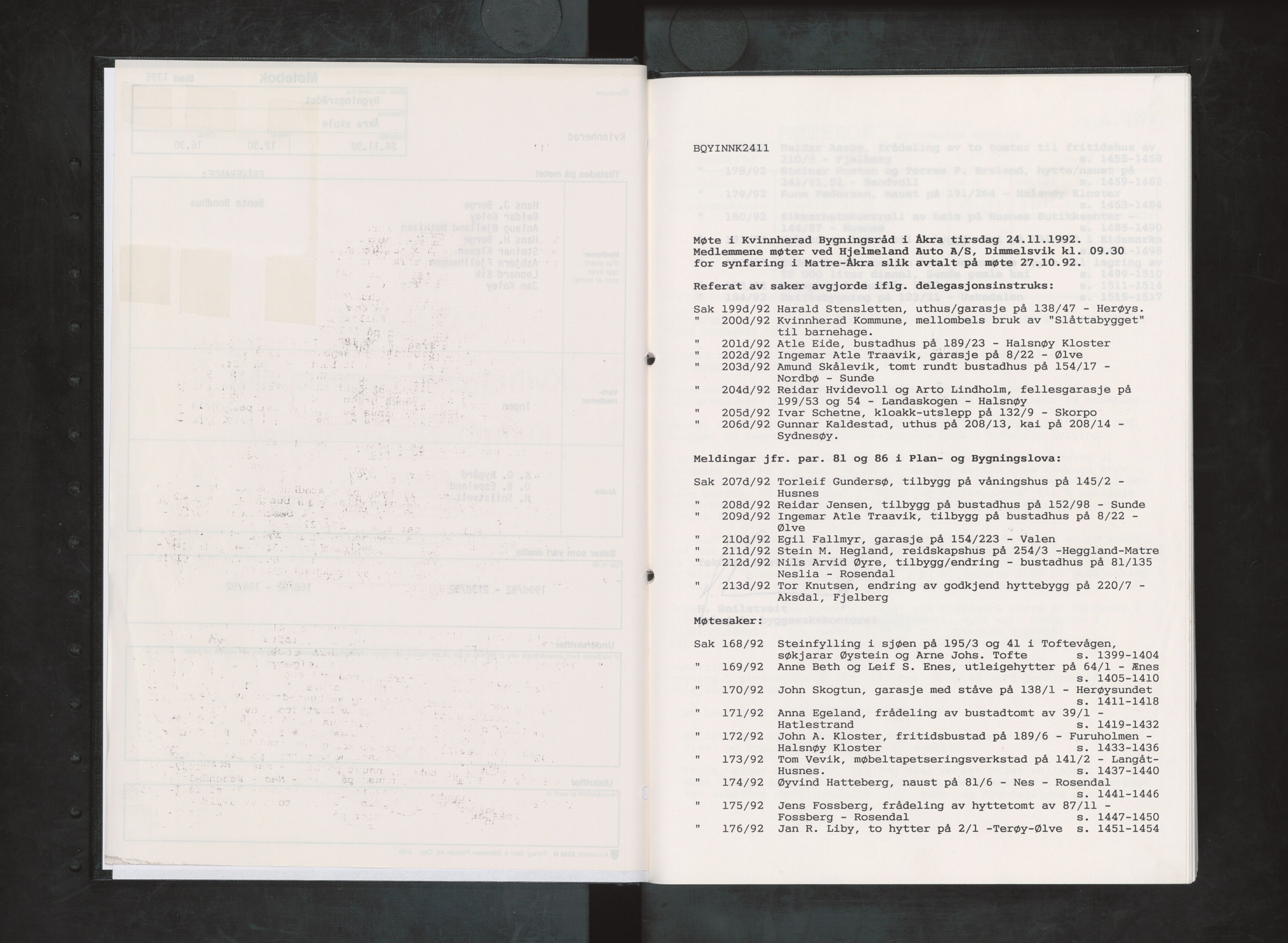 Kvinnherad kommune. Bygningsrådet , IKAH/1224-511/A/Aa/L0083: Møtebok for Kvinnherad bygningsråd, 1992