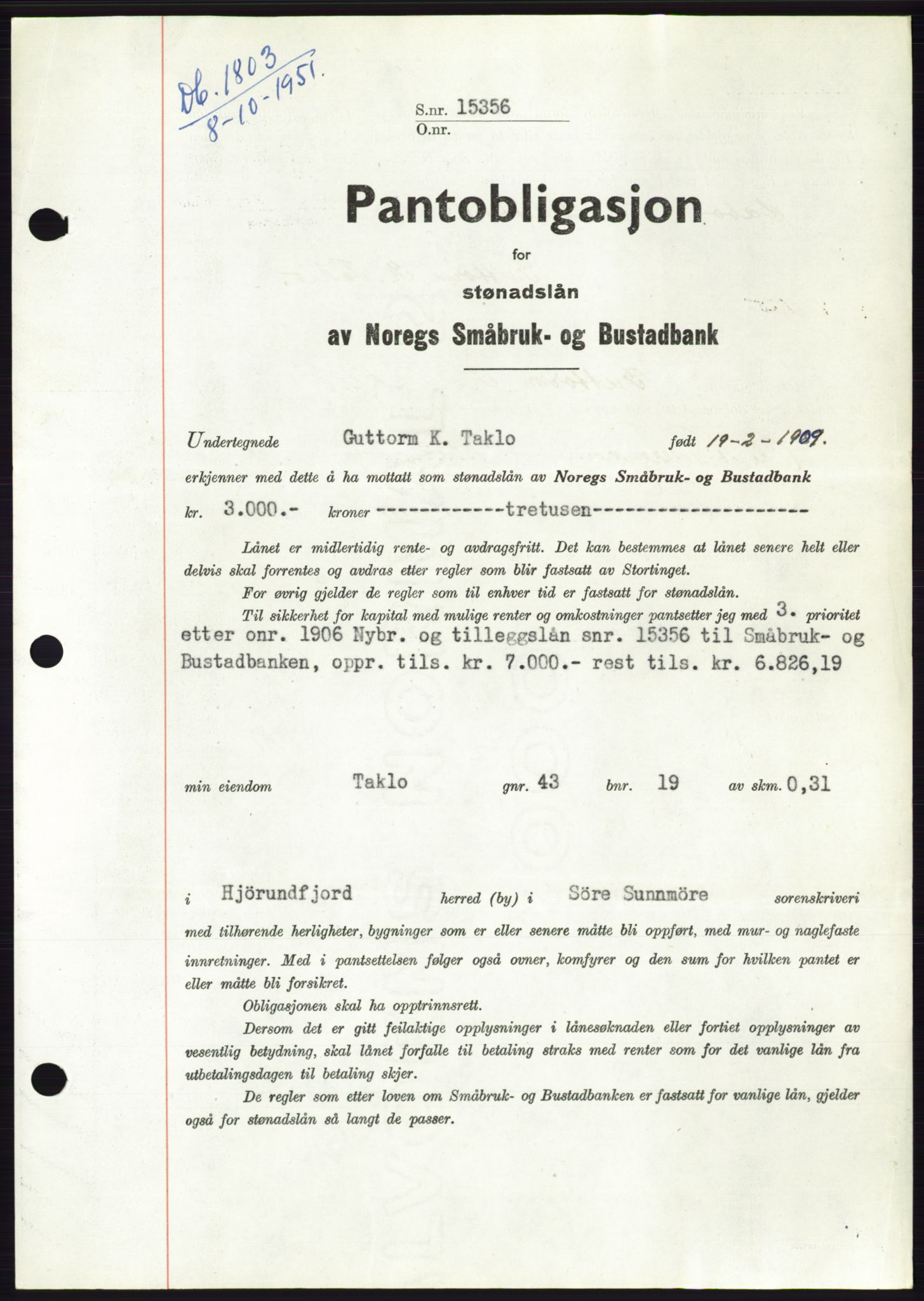 Søre Sunnmøre sorenskriveri, AV/SAT-A-4122/1/2/2C/L0120: Mortgage book no. 8B, 1951-1951, Diary no: : 1803/1951