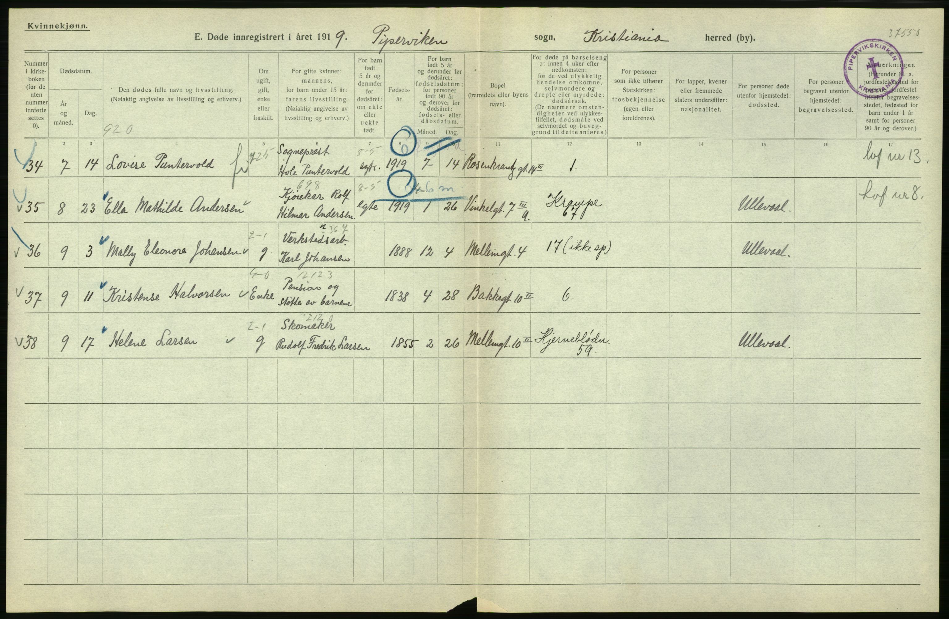 Statistisk sentralbyrå, Sosiodemografiske emner, Befolkning, AV/RA-S-2228/D/Df/Dfb/Dfbi/L0010: Kristiania: Døde, 1919, p. 522