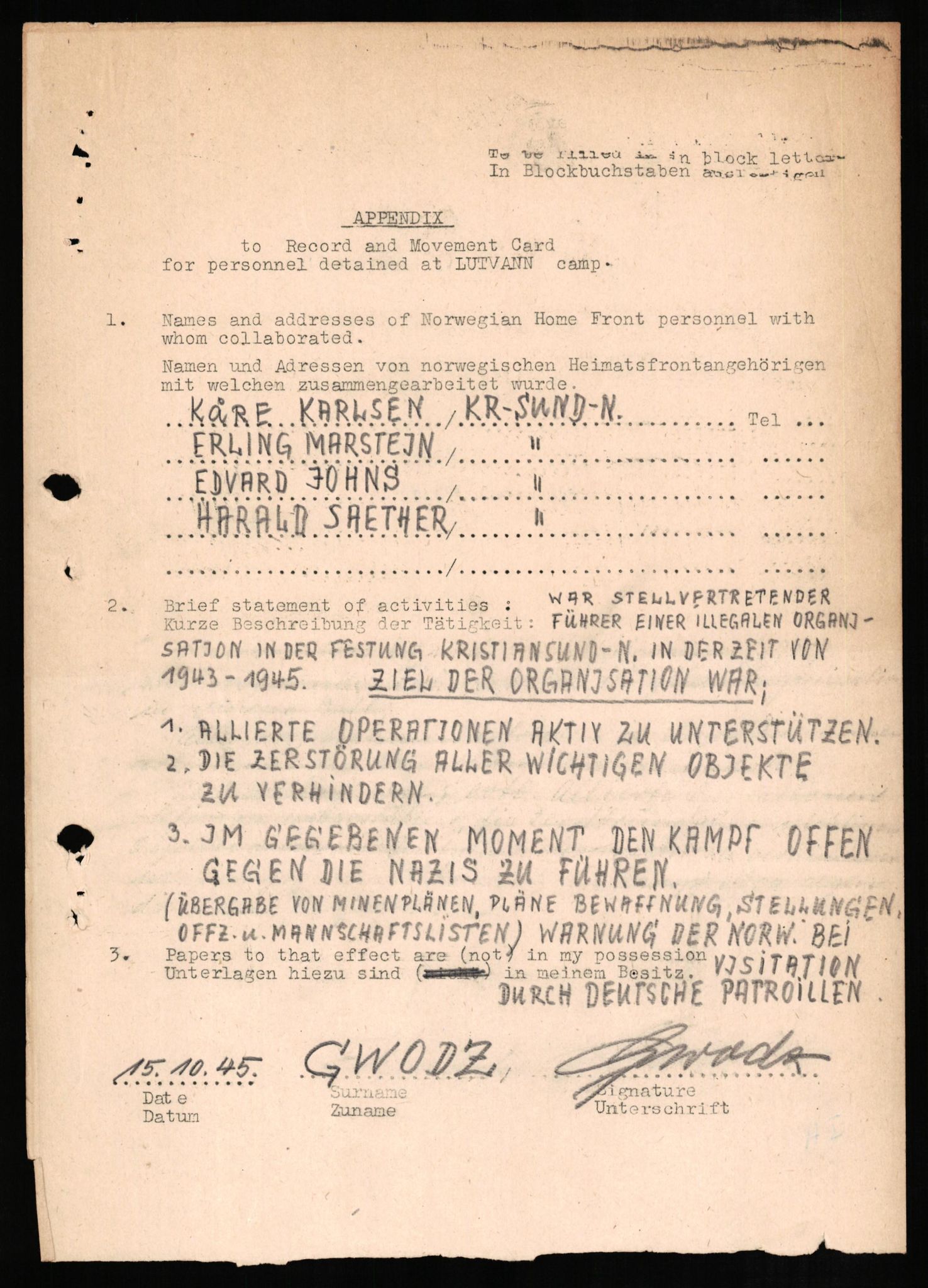 Forsvaret, Forsvarets overkommando II, AV/RA-RAFA-3915/D/Db/L0011: CI Questionaires. Tyske okkupasjonsstyrker i Norge. Tyskere., 1945-1946, p. 12