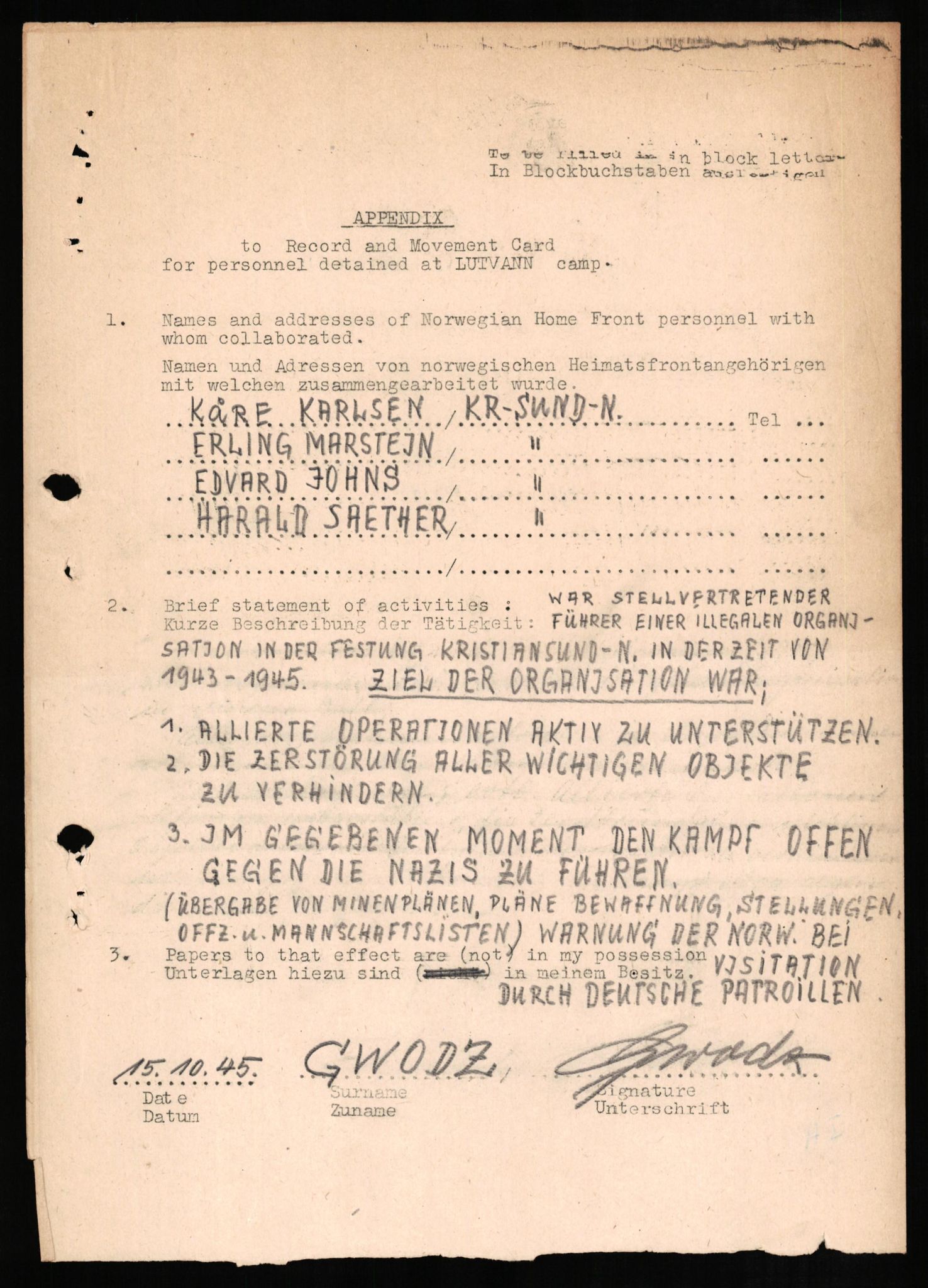 Forsvaret, Forsvarets overkommando II, RA/RAFA-3915/D/Db/L0011: CI Questionaires. Tyske okkupasjonsstyrker i Norge. Tyskere., 1945-1946, p. 12