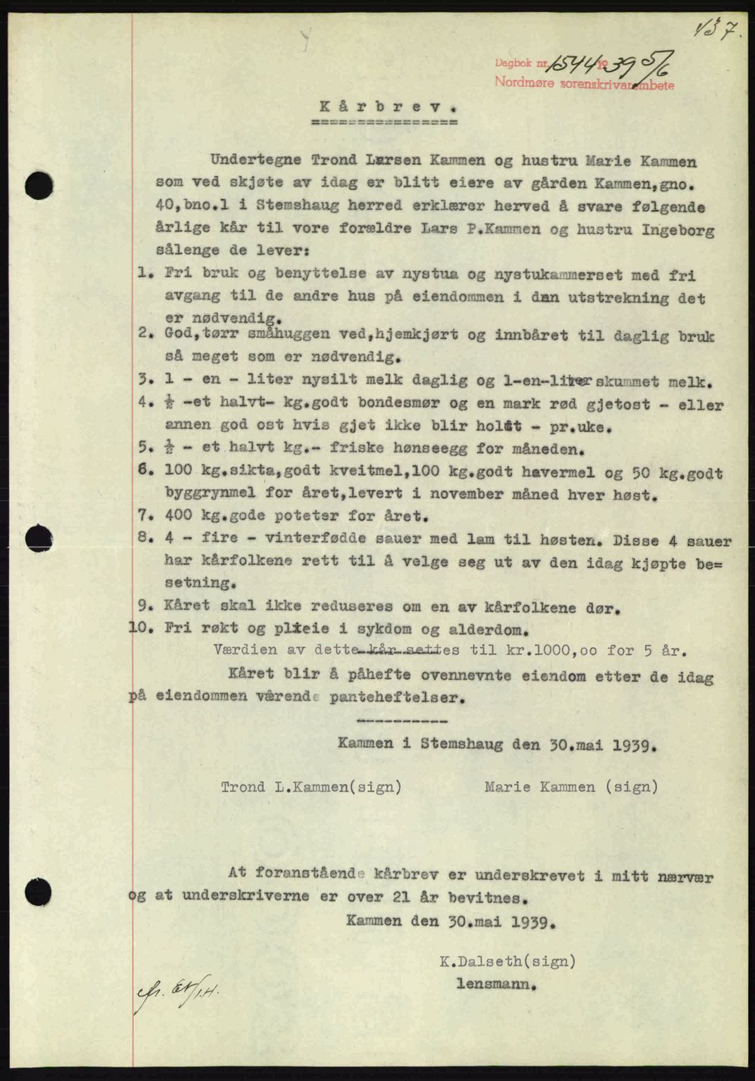 Nordmøre sorenskriveri, AV/SAT-A-4132/1/2/2Ca: Mortgage book no. B85, 1939-1939, Diary no: : 1544/1939