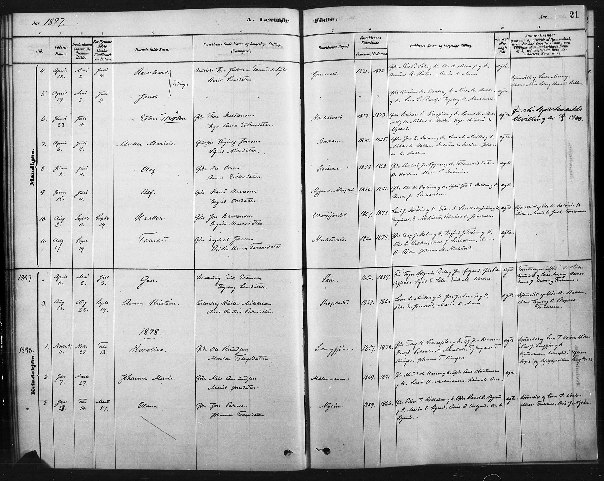 Tolga prestekontor, SAH/PREST-062/K/L0007: Parish register (official) no. 7, 1877-1900, p. 21