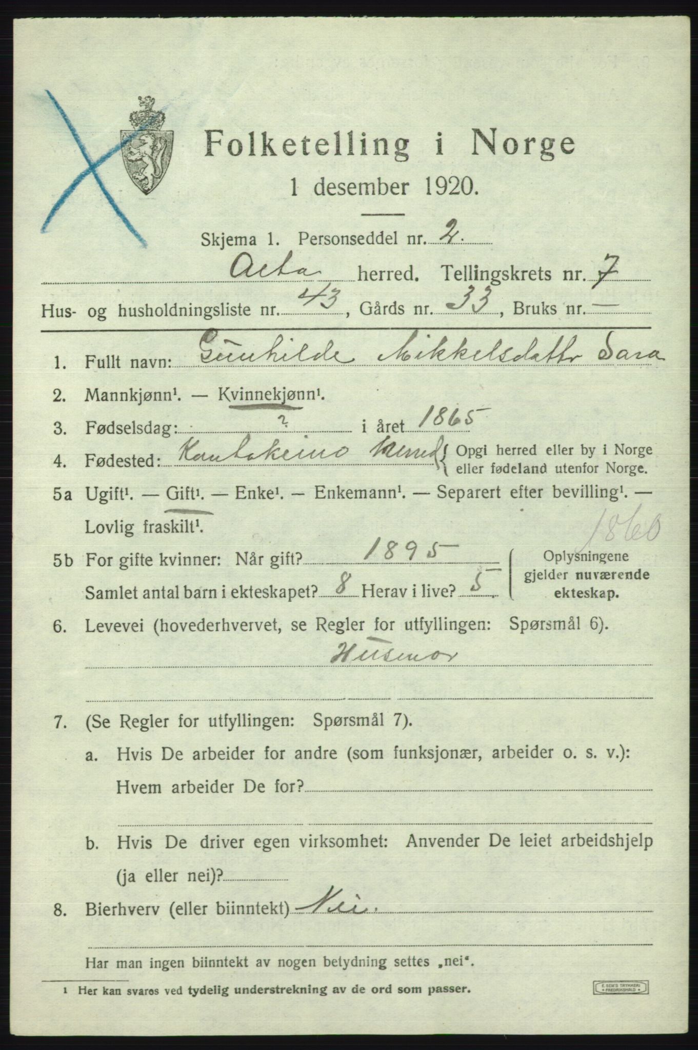 SATØ, 1920 census for Alta, 1920, p. 5871