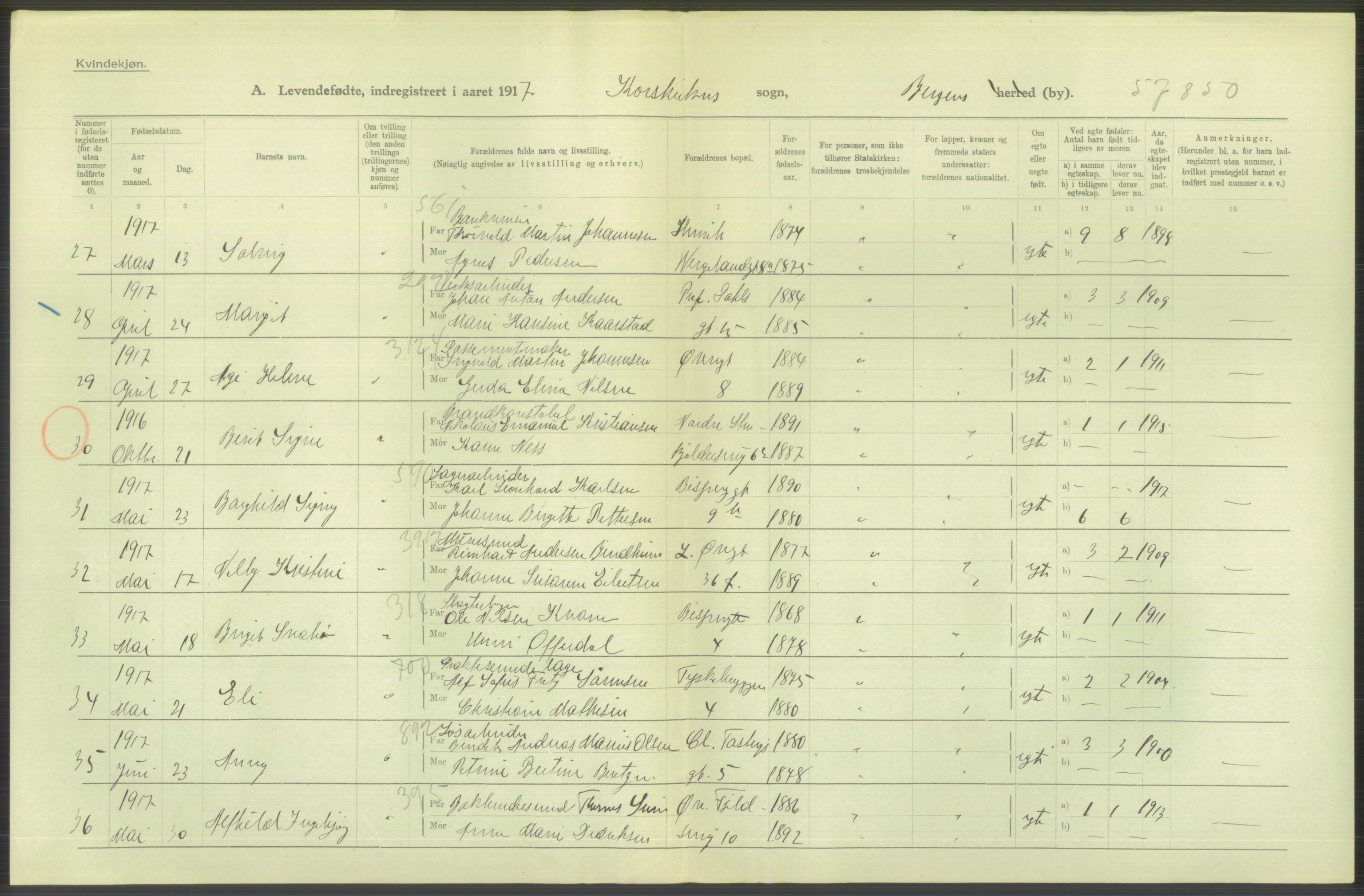 Statistisk sentralbyrå, Sosiodemografiske emner, Befolkning, AV/RA-S-2228/D/Df/Dfb/Dfbg/L0037: Bergen: Levendefødte menn og kvinner., 1917, p. 384