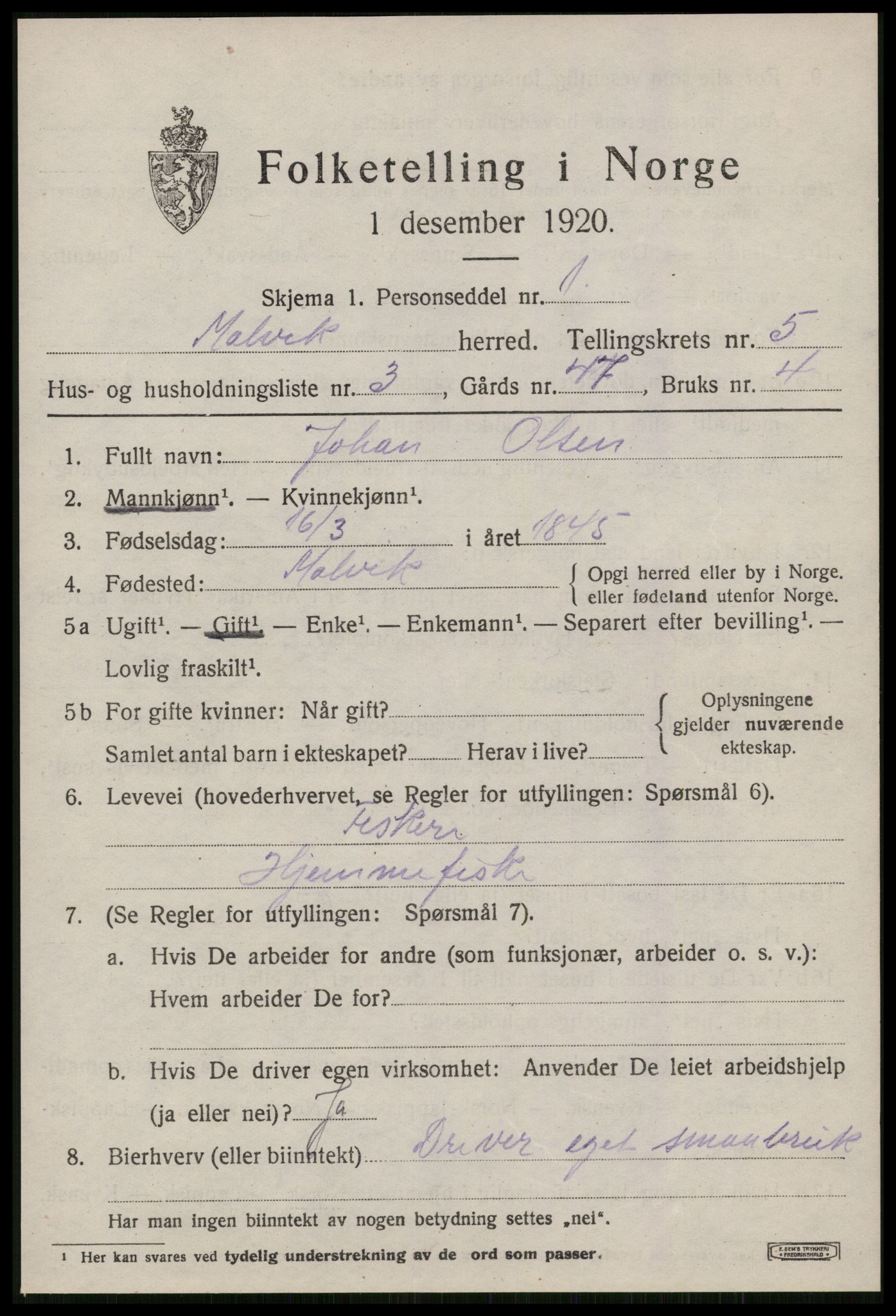 SAT, 1920 census for Malvik, 1920, p. 3202