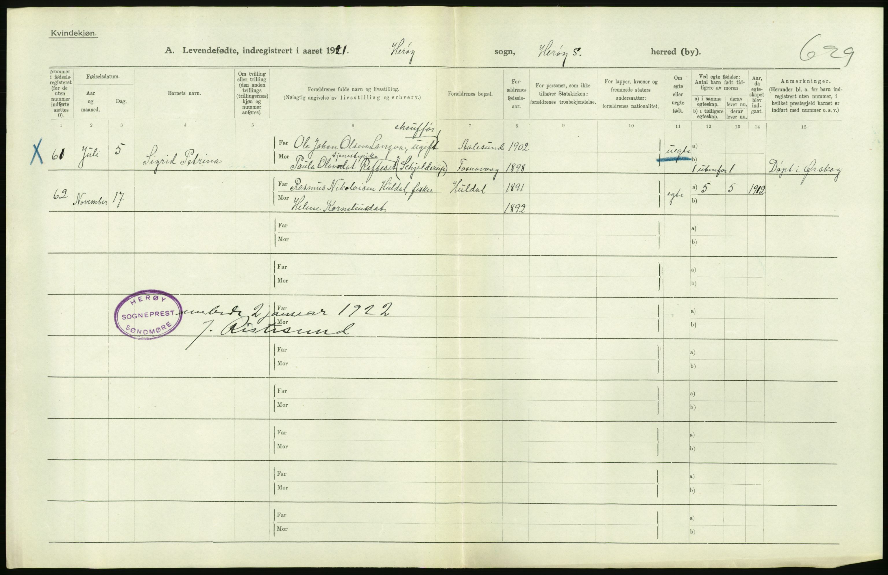 Statistisk sentralbyrå, Sosiodemografiske emner, Befolkning, AV/RA-S-2228/D/Df/Dfc/Dfca/L0040: Møre fylke: Levendefødte menn og kvinner. Bygder., 1921, p. 200